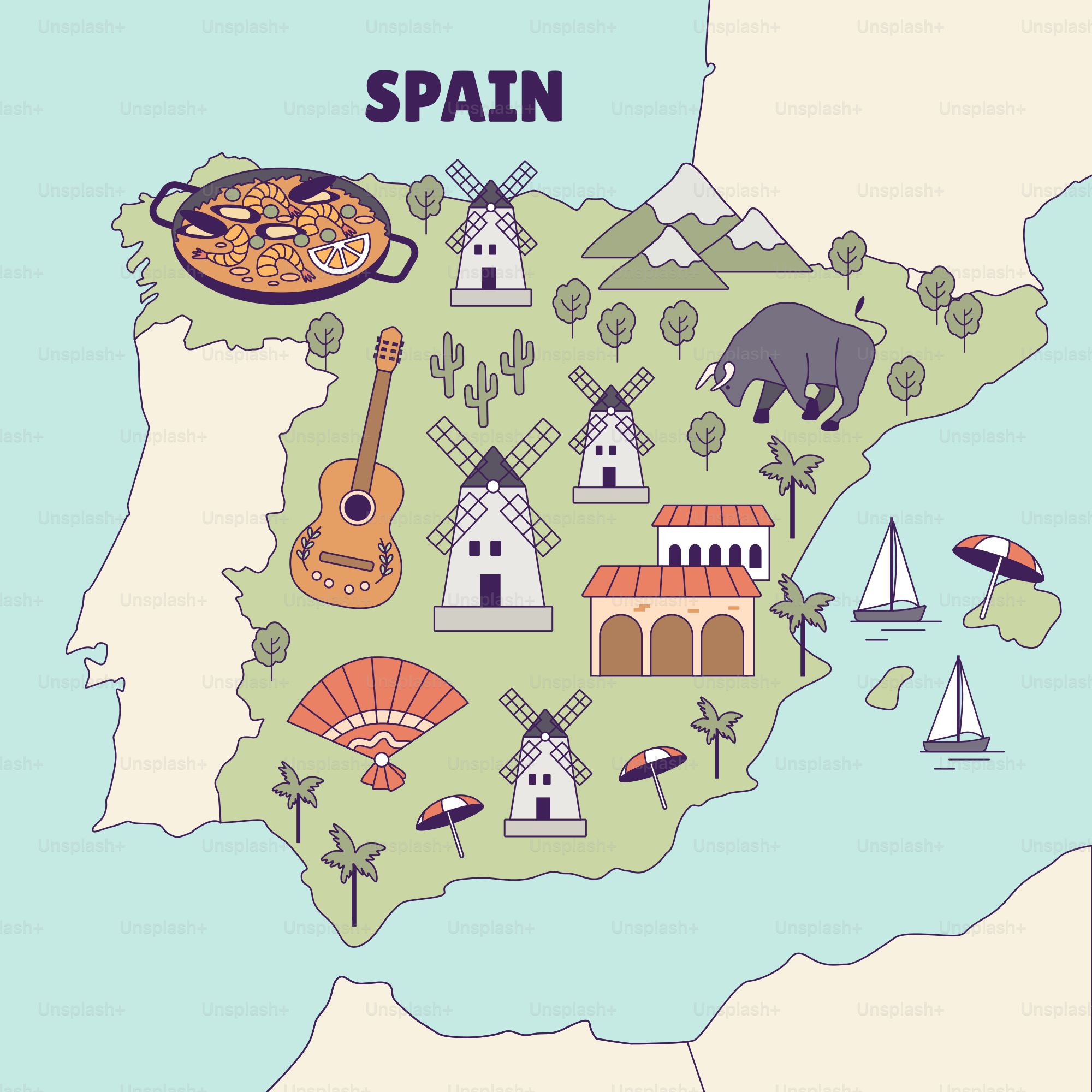 다양한 것들이 그려진 스페인 지도 벡터