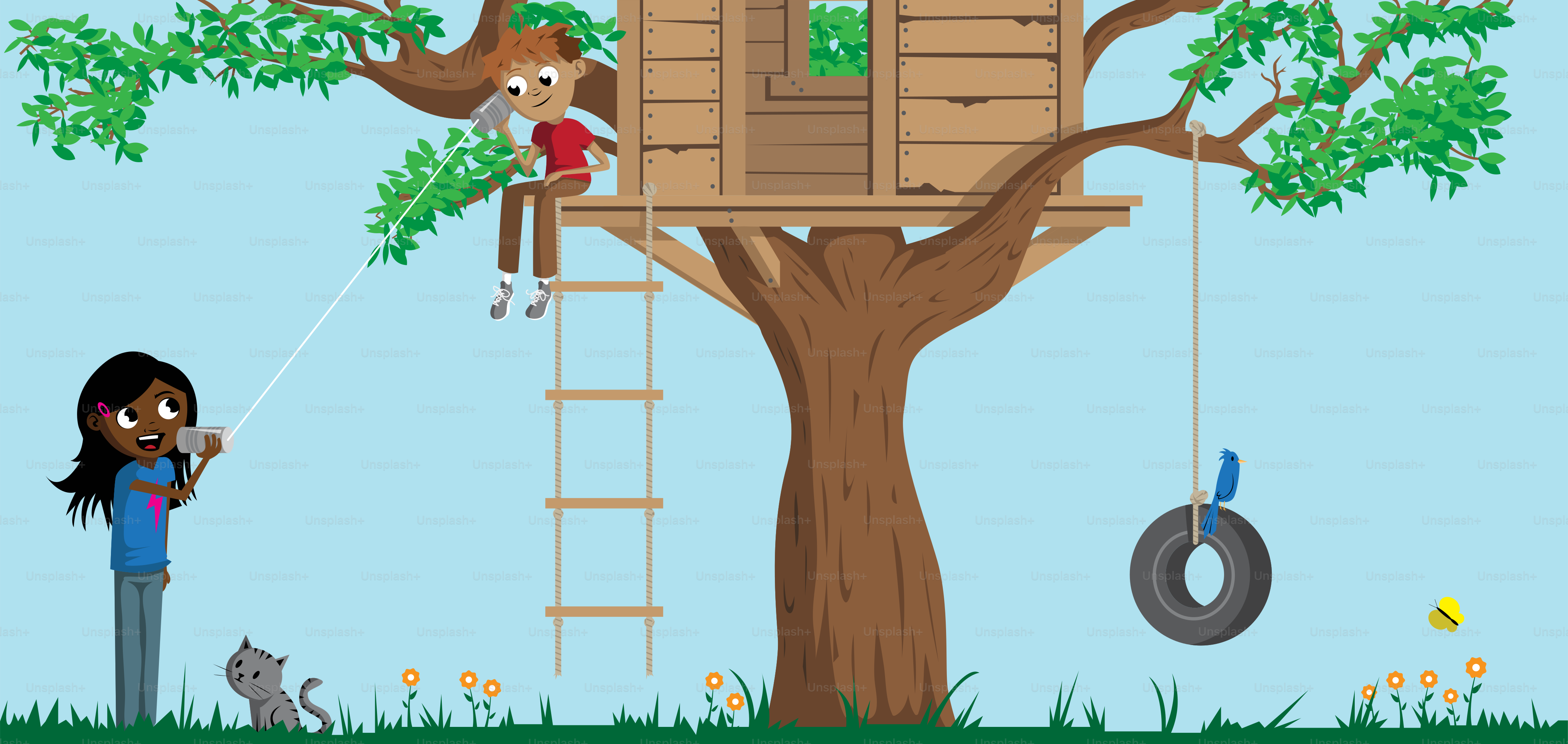 A tree house with a girl on the top of it