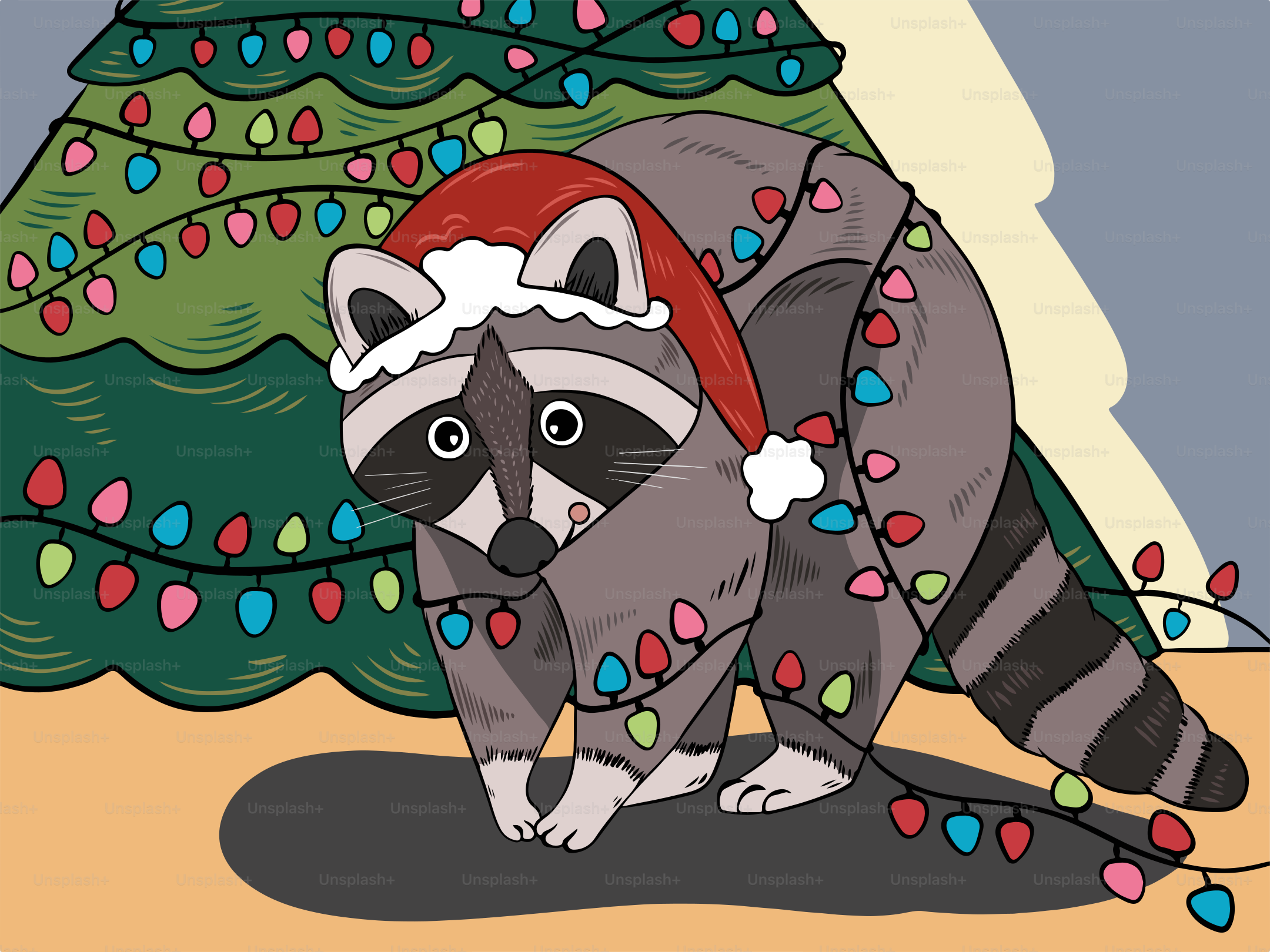 A raccoon wearing a santa hat standing in front of a christmas tree ...