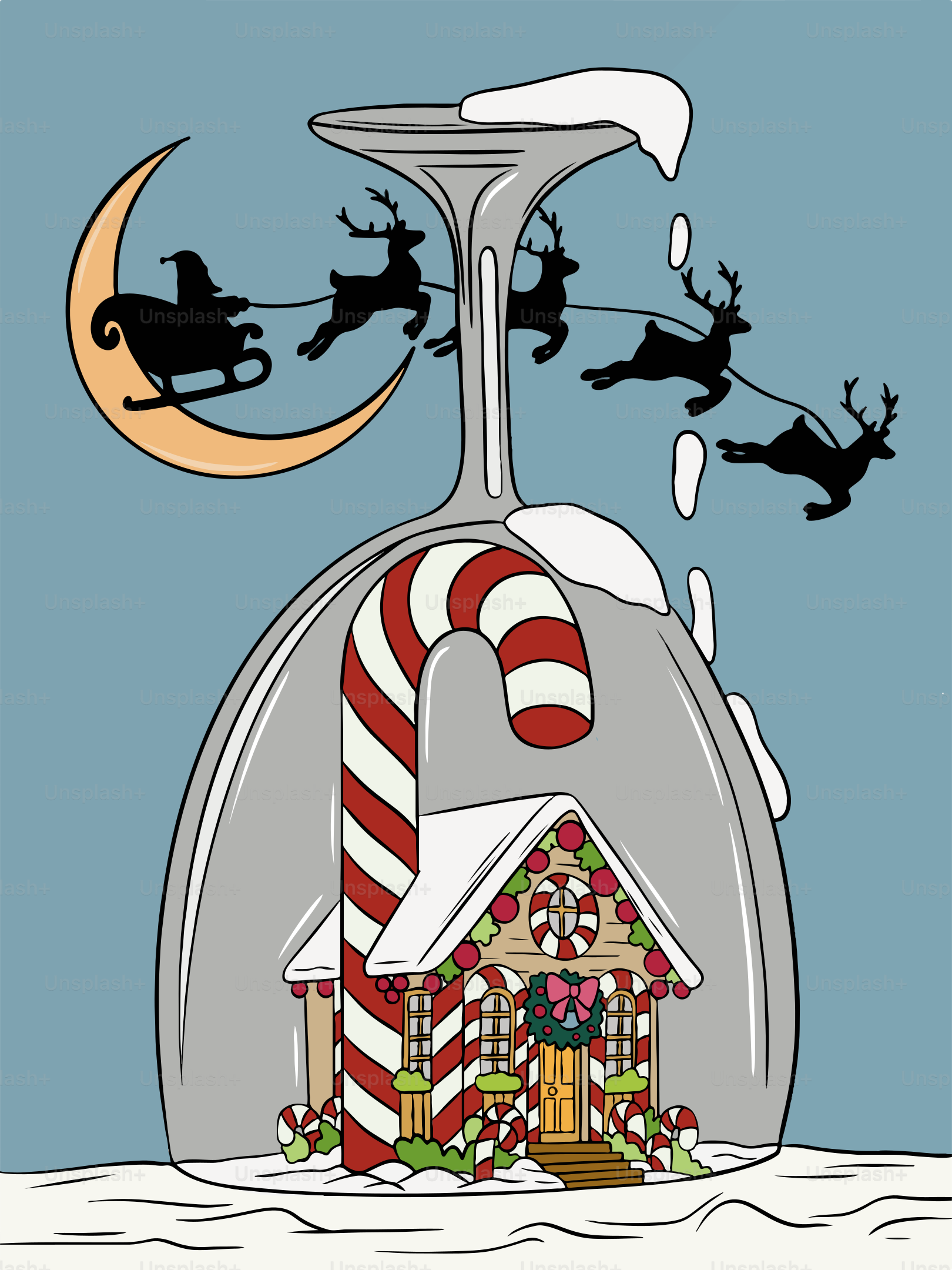 A christmas card with santa's sleigh flying over a house