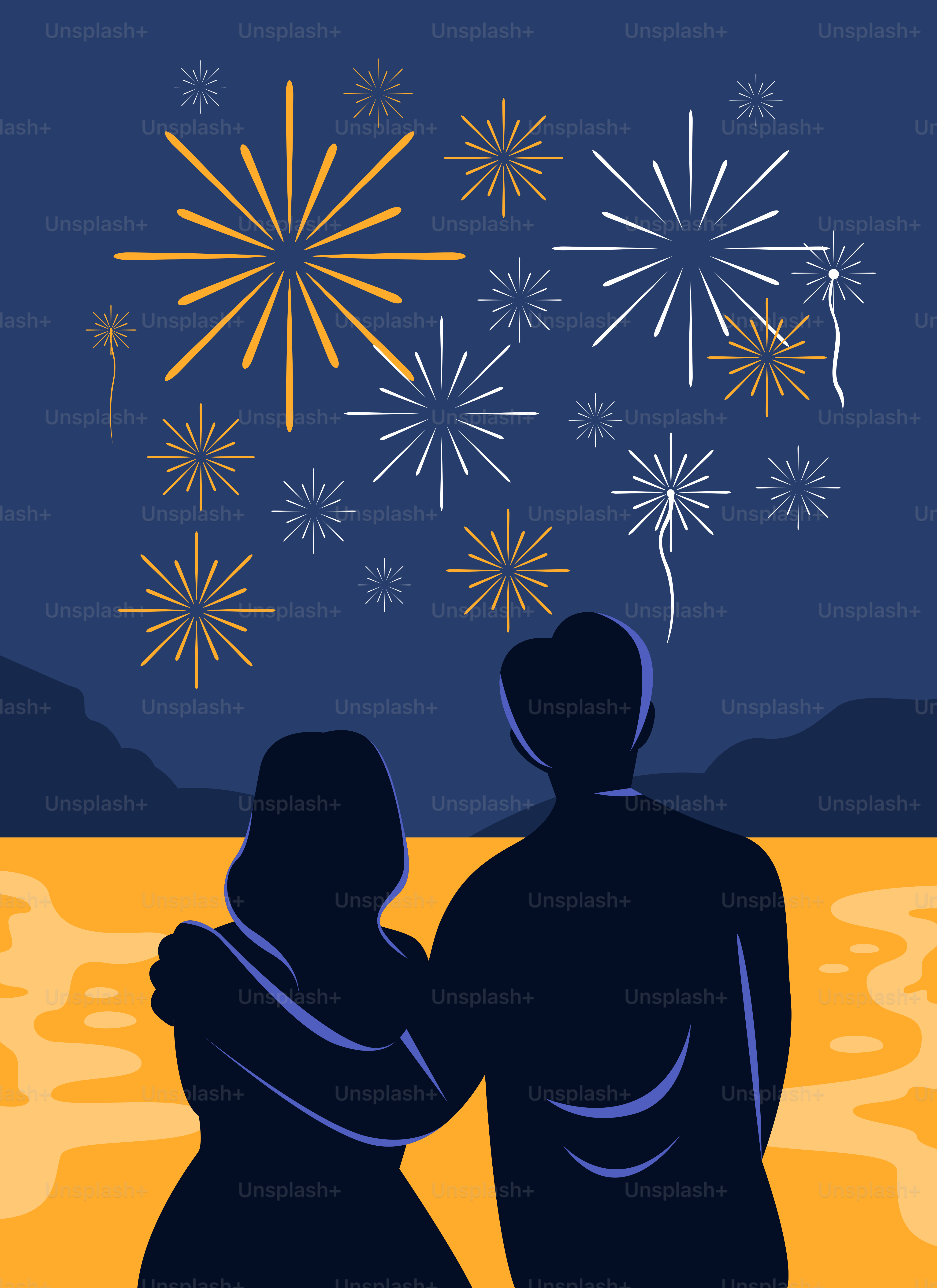 A couple standing next to each other in front of fireworks