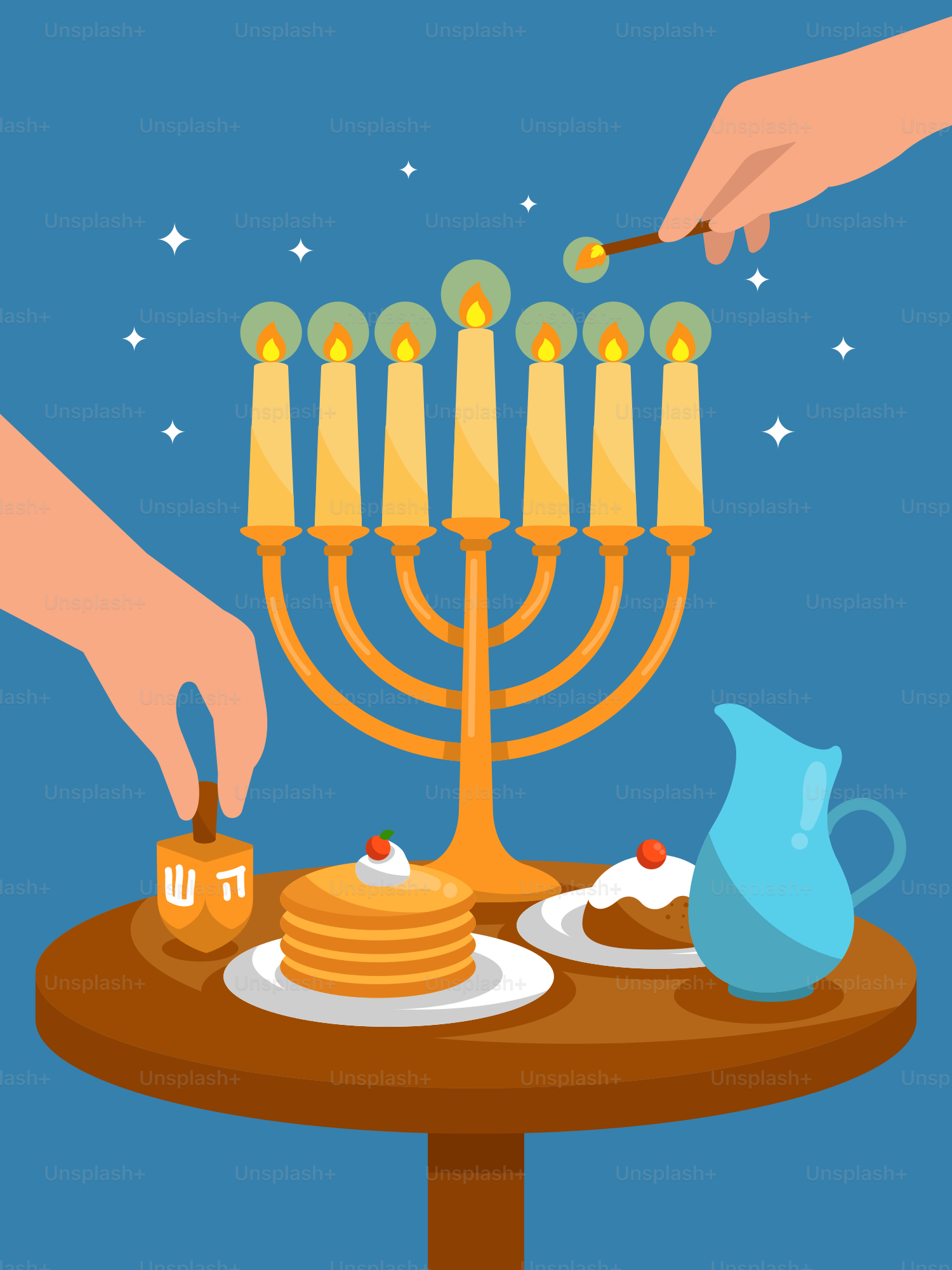 A person lighting a menorah on a table