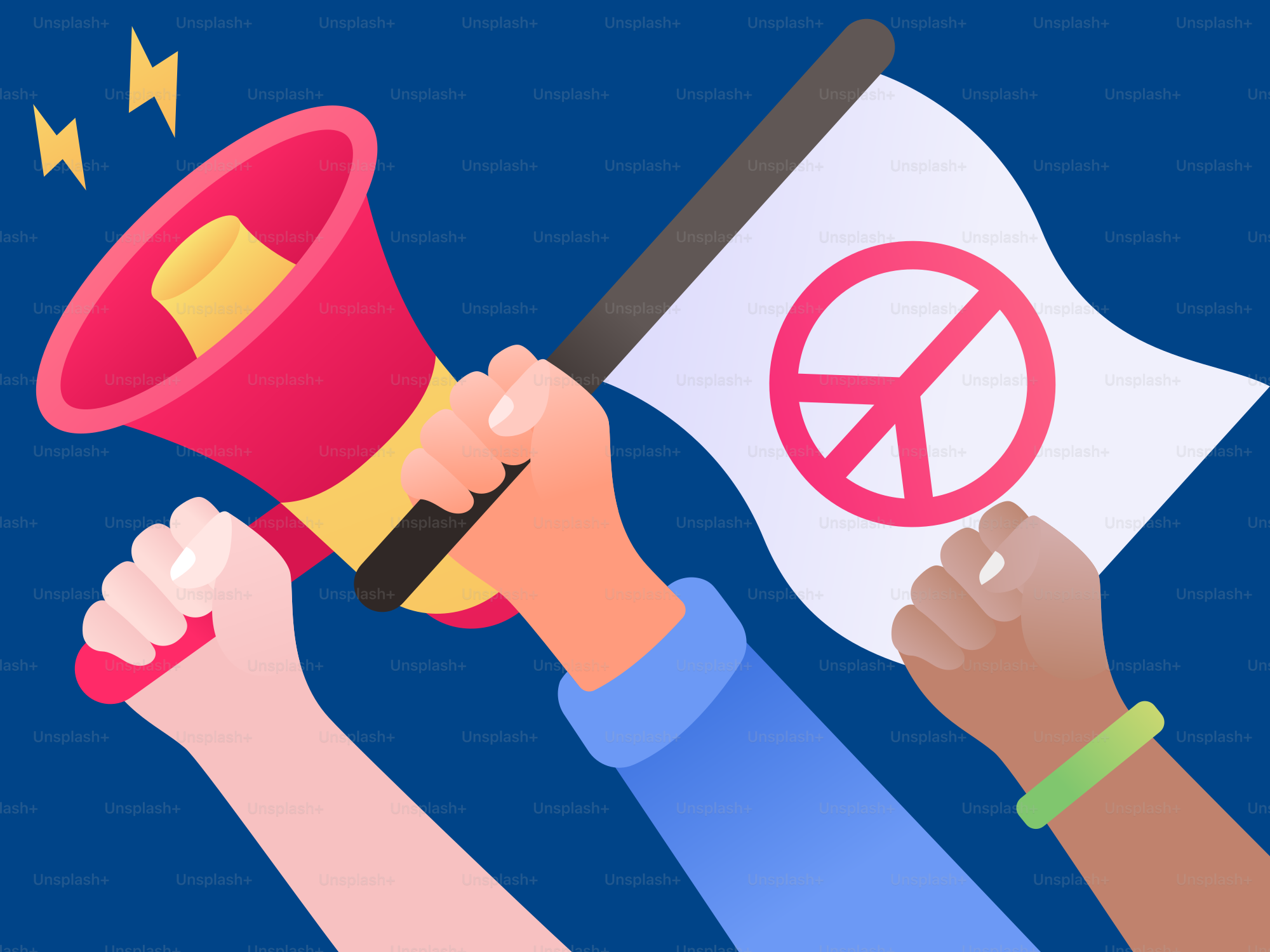 Two hands holding a megaphone and a sign