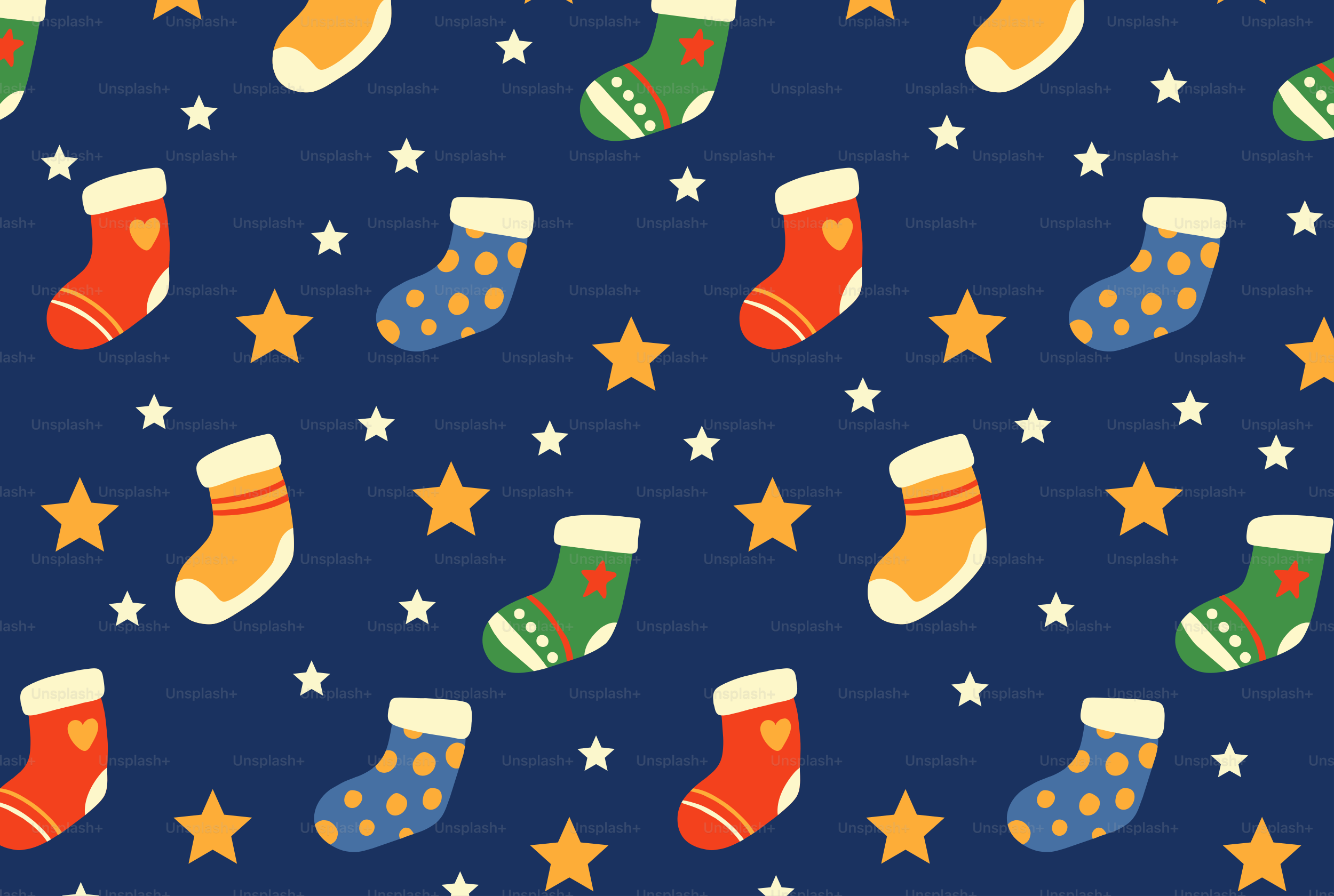 A pattern of socks and stars on a blue background