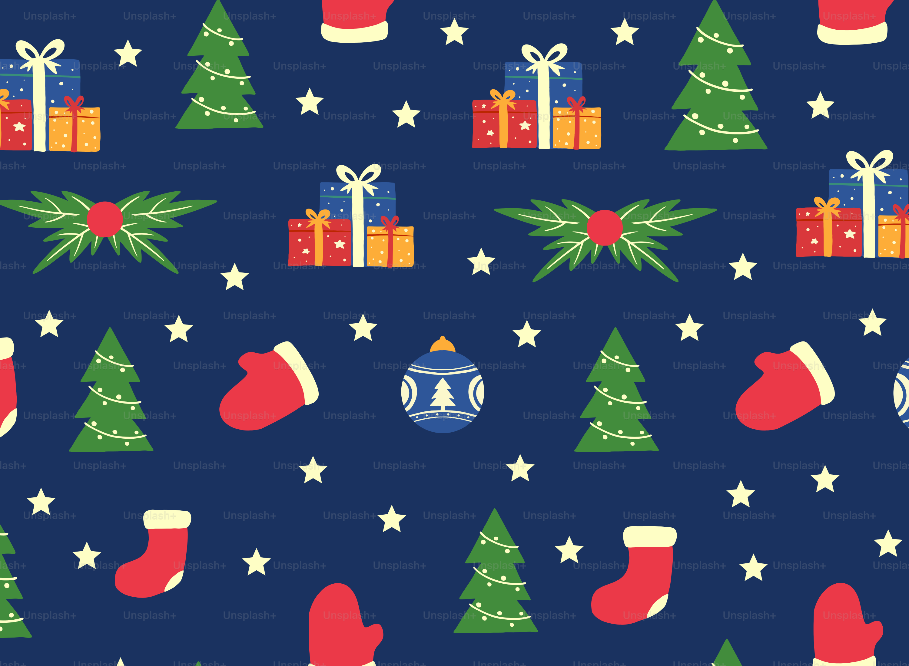 青い背景にクリスマスのストッキングとストッキングが描かれています