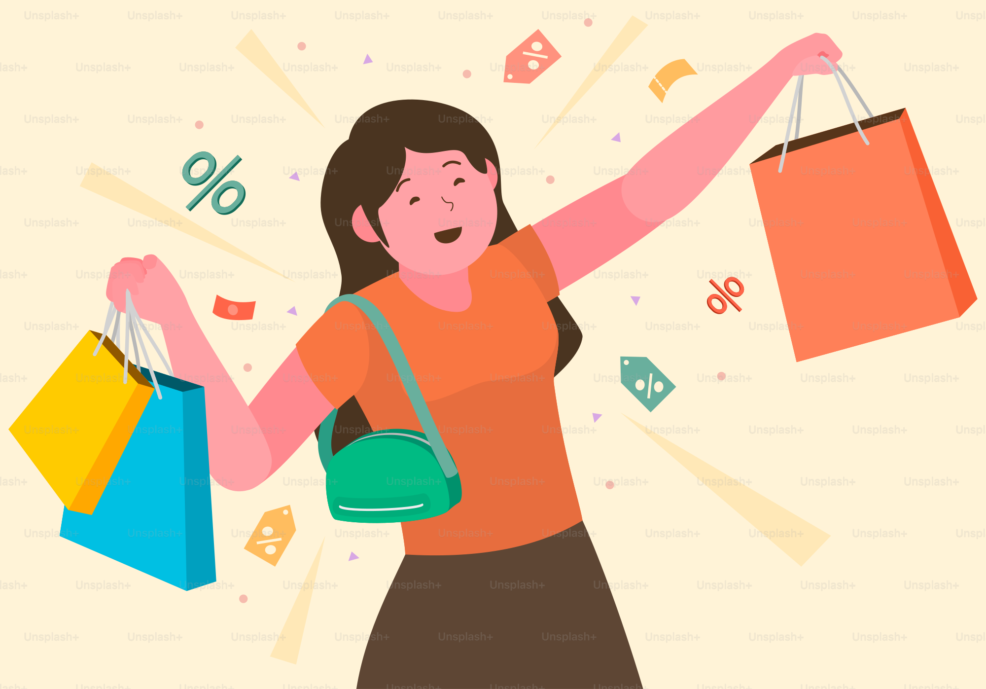 Uma mulher segurando sacolas de compras e uma sacola de compras