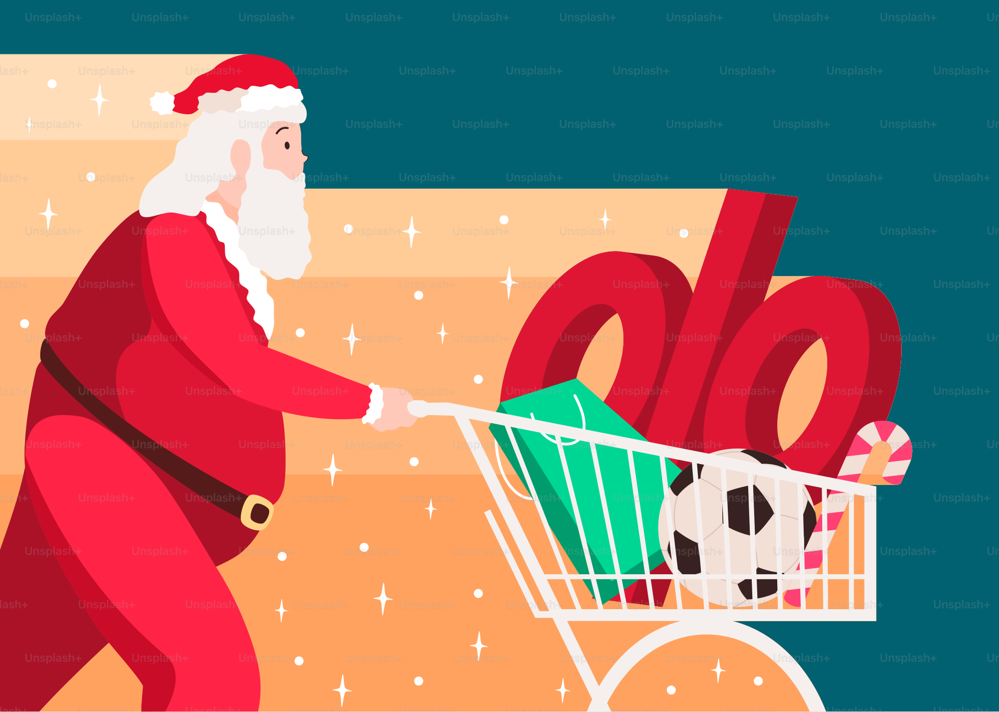 Un homme en costume de Père Noël poussant un chariot