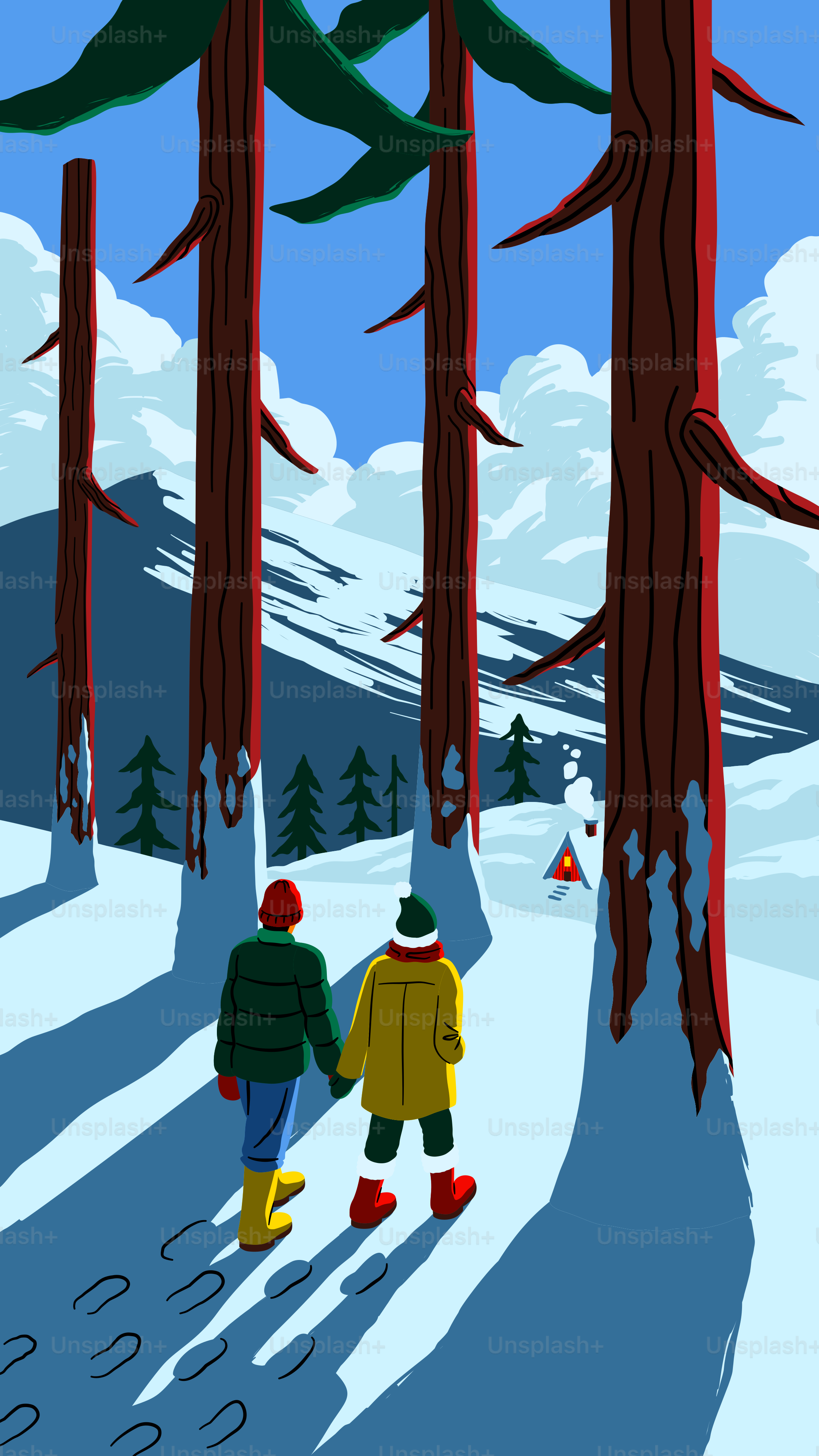 A couple of people walking through a snow covered forest