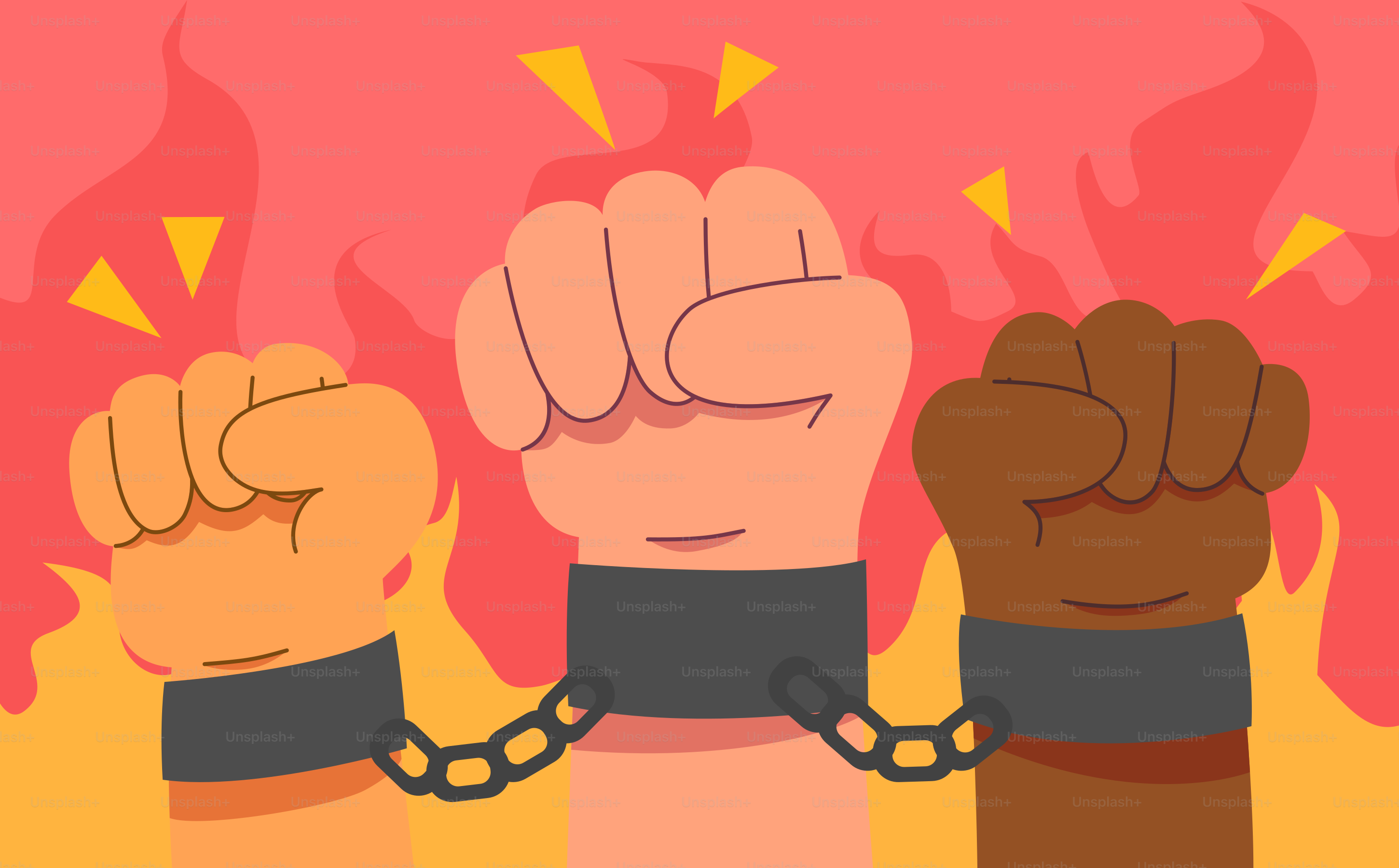 A group of people with their hands in chains