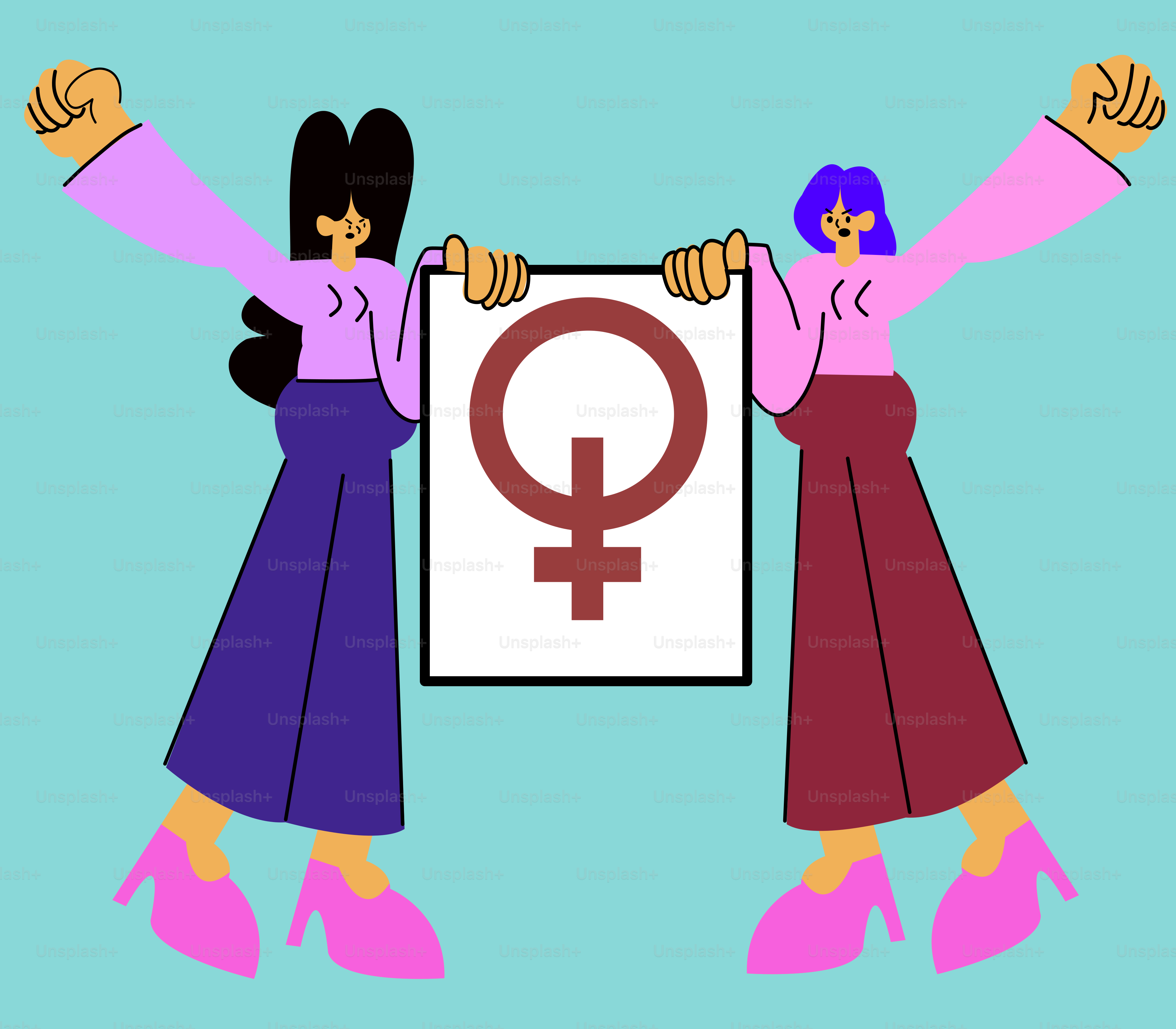 Zwei Frauen, die ein Schild mit einem Symbol darauf hochhalten