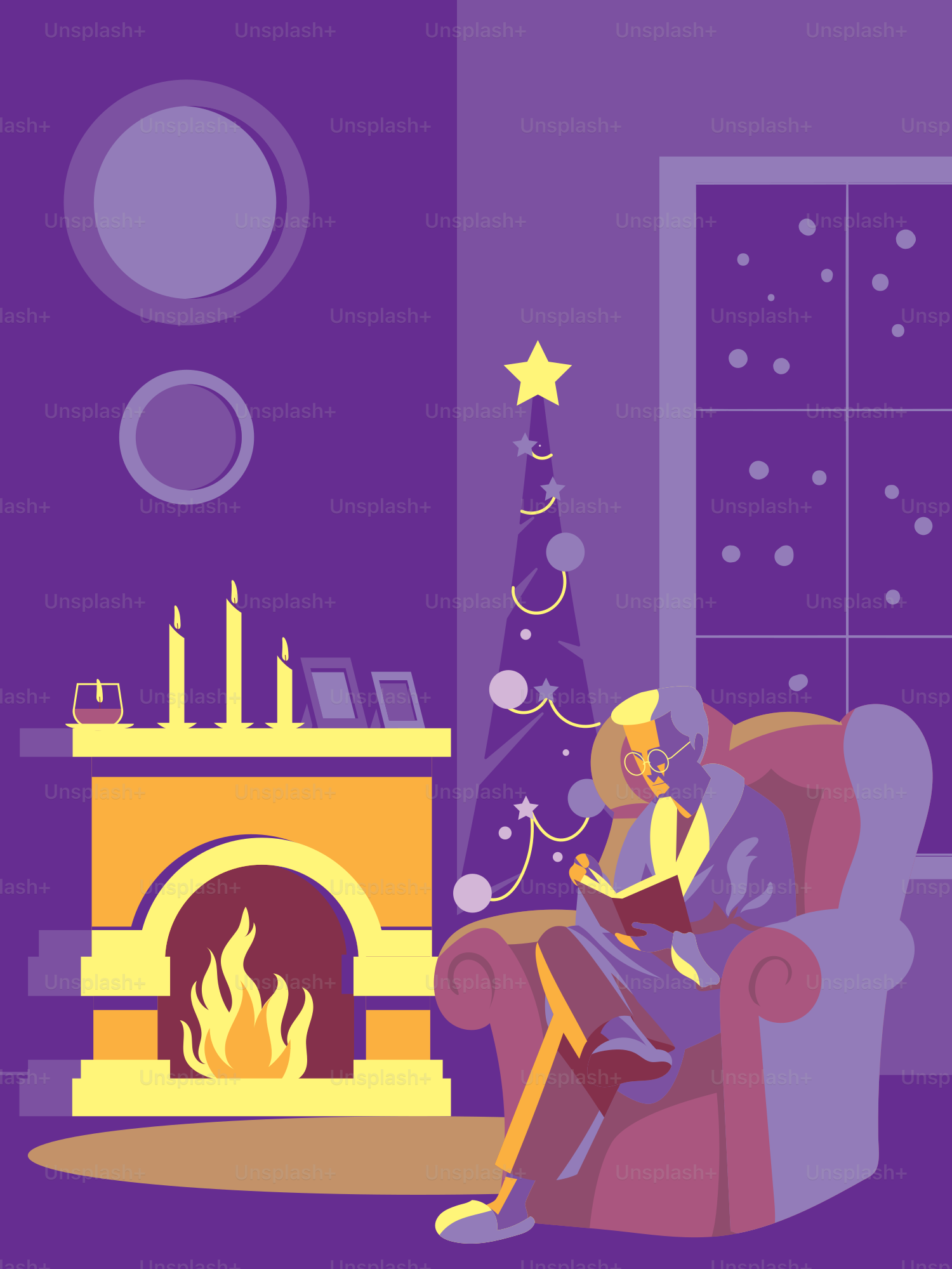 A woman sitting in a chair in front of a christmas tree