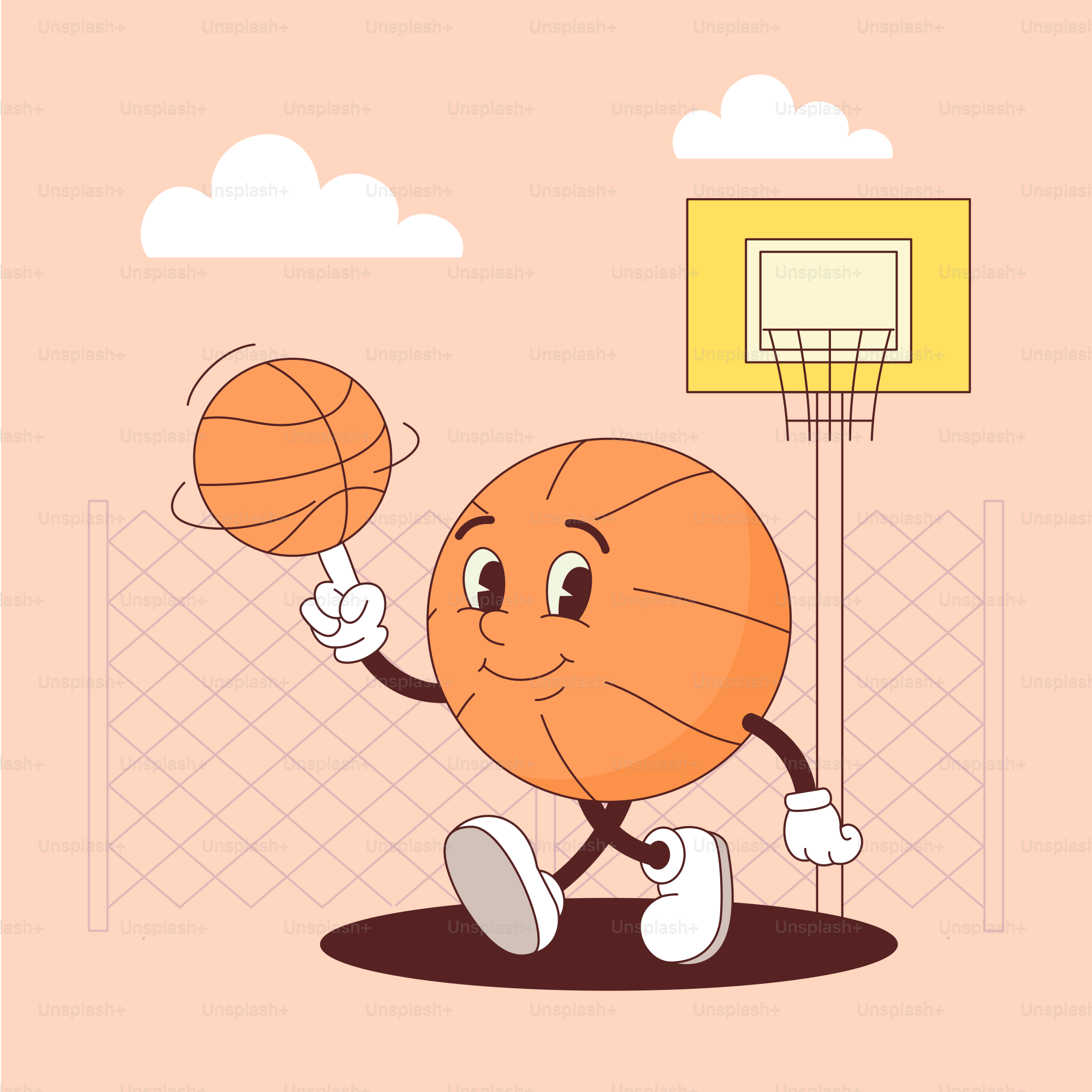 A cartoon character holding a basketball on a pink background