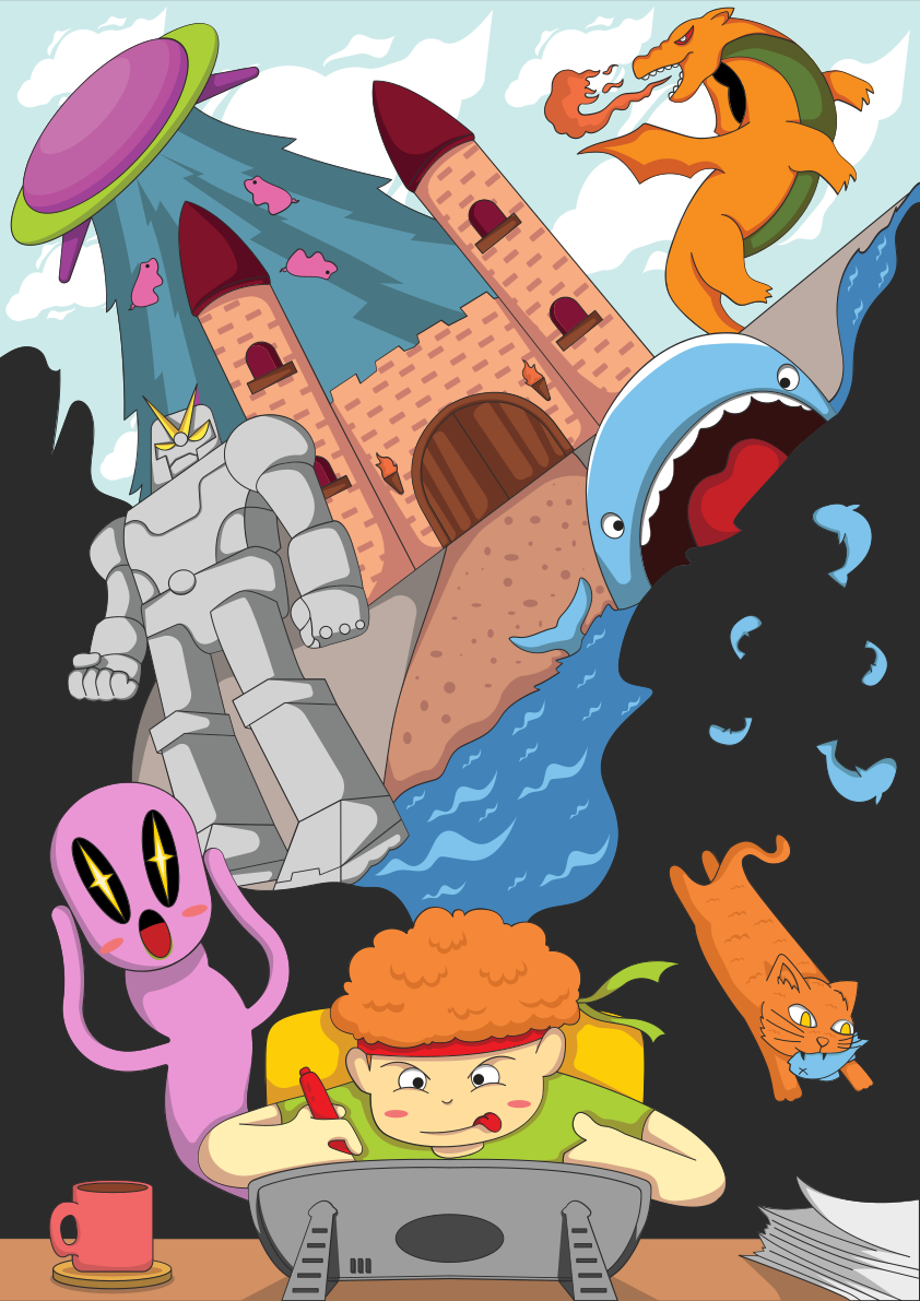 A cartoon of a boy sitting in front of a computer