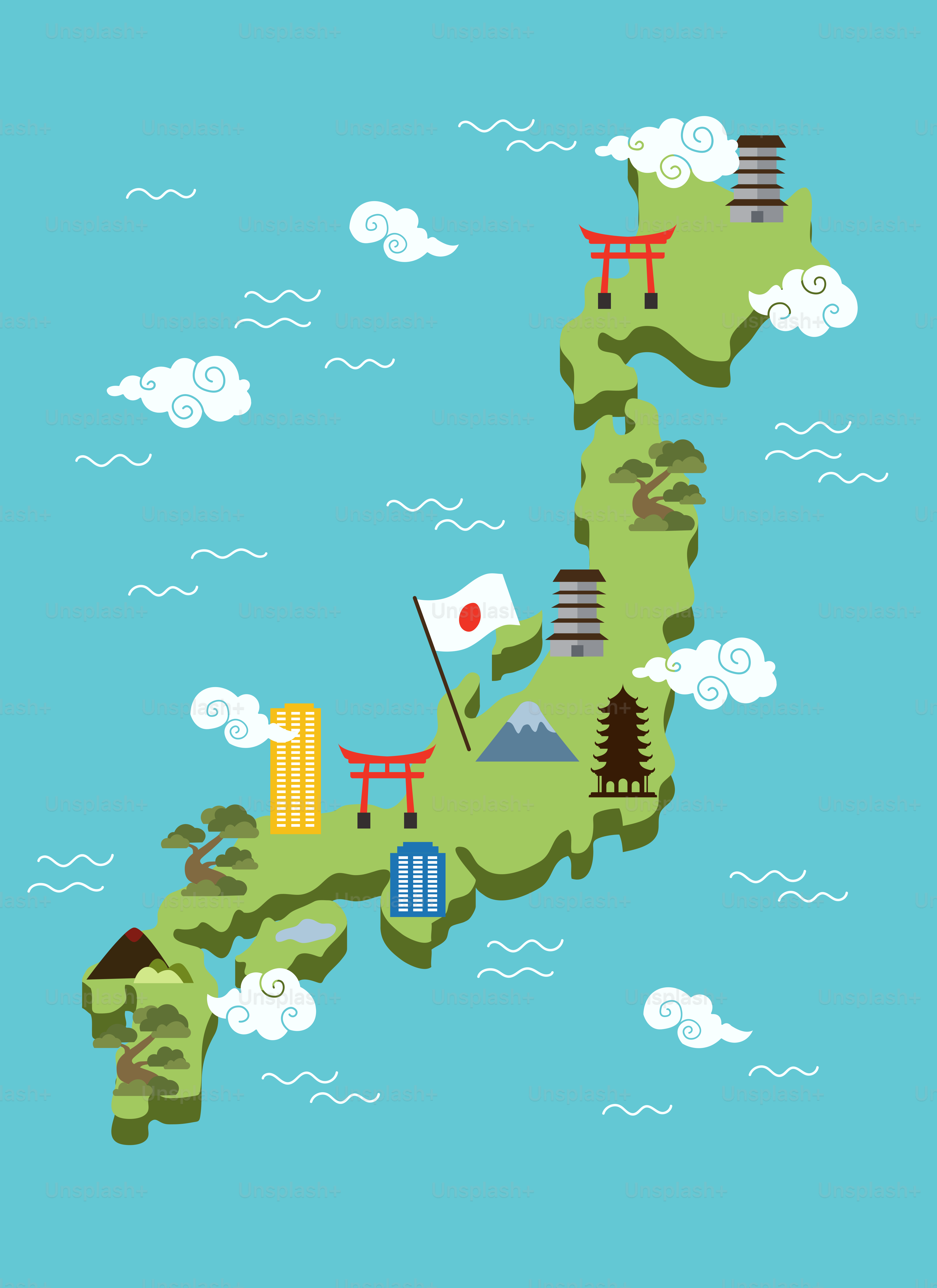 A map of japan with a flag on it