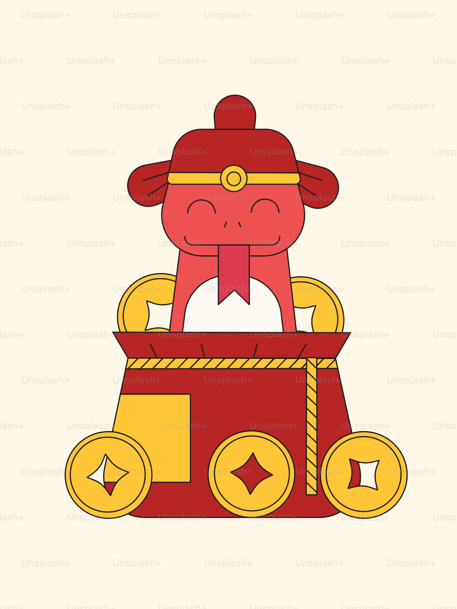 A red and yellow cartoon character sitting on top of a red box