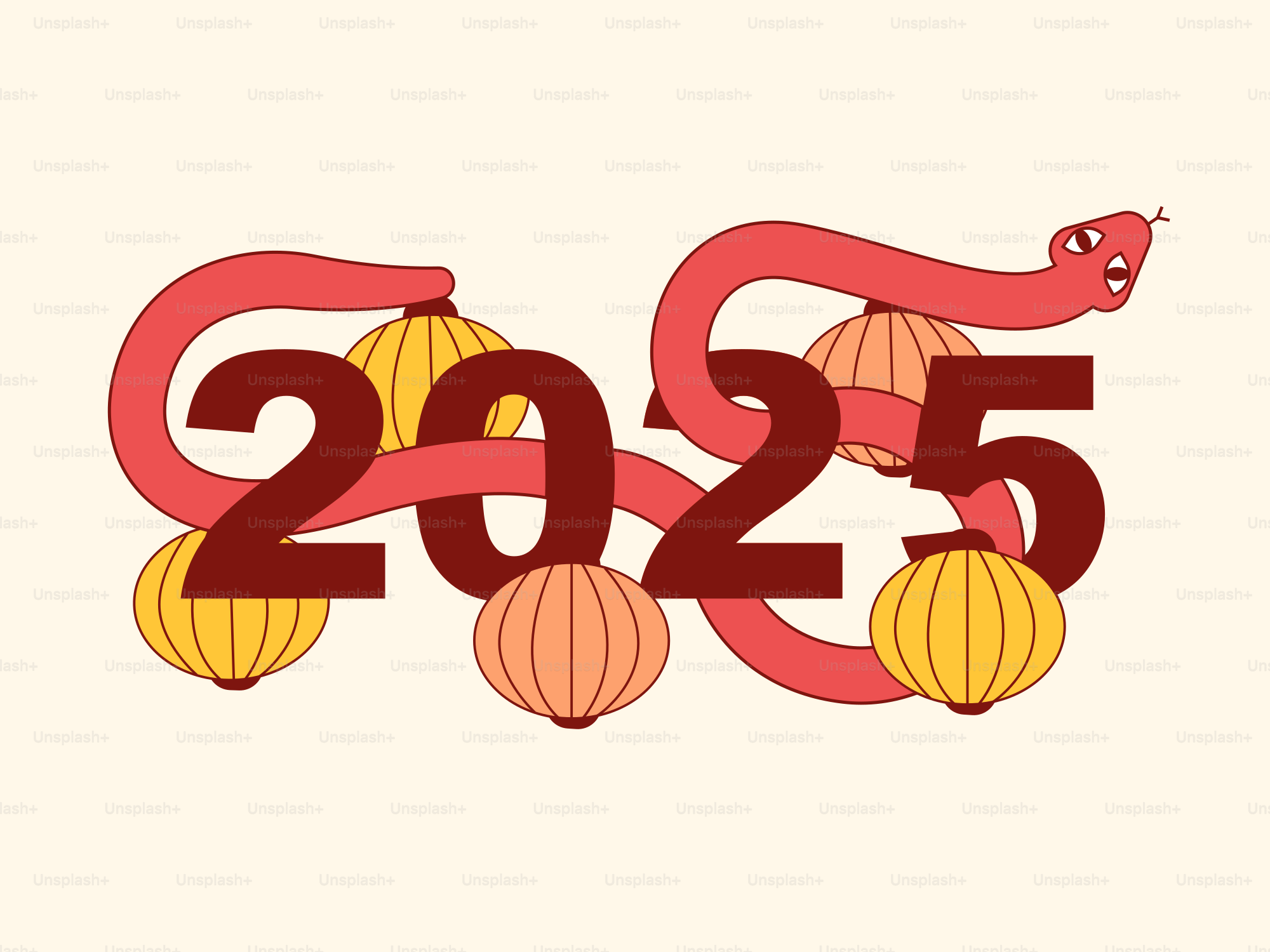 Eine chinesische Neujahrskarte mit einer Schlange und Laternen