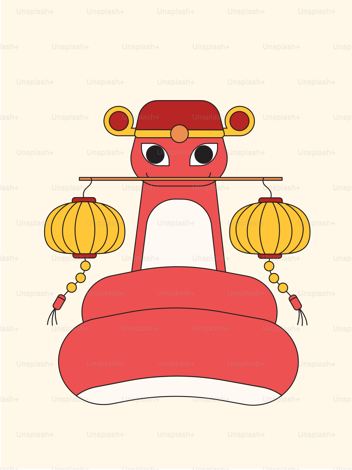 A red boat with yellow lanterns hanging from it's side