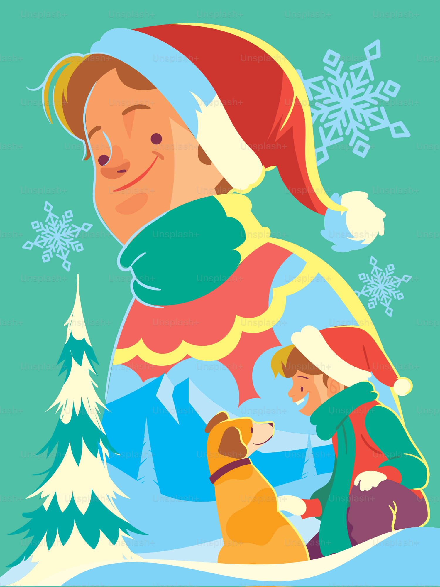 A child and a dog are sitting in the snow