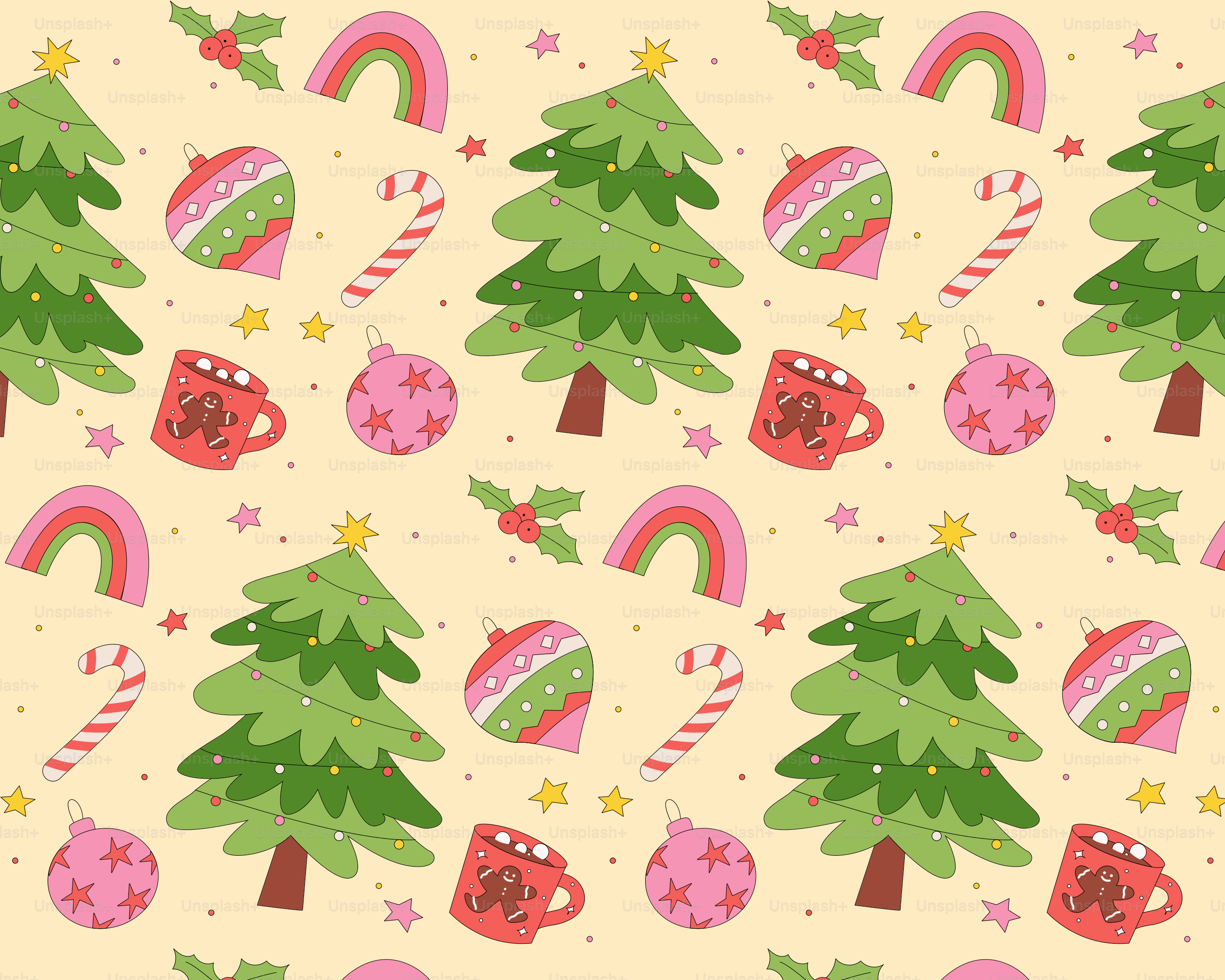 Ein Muster aus Weihnachtsbäumen, Tassen und Zuckerstangen