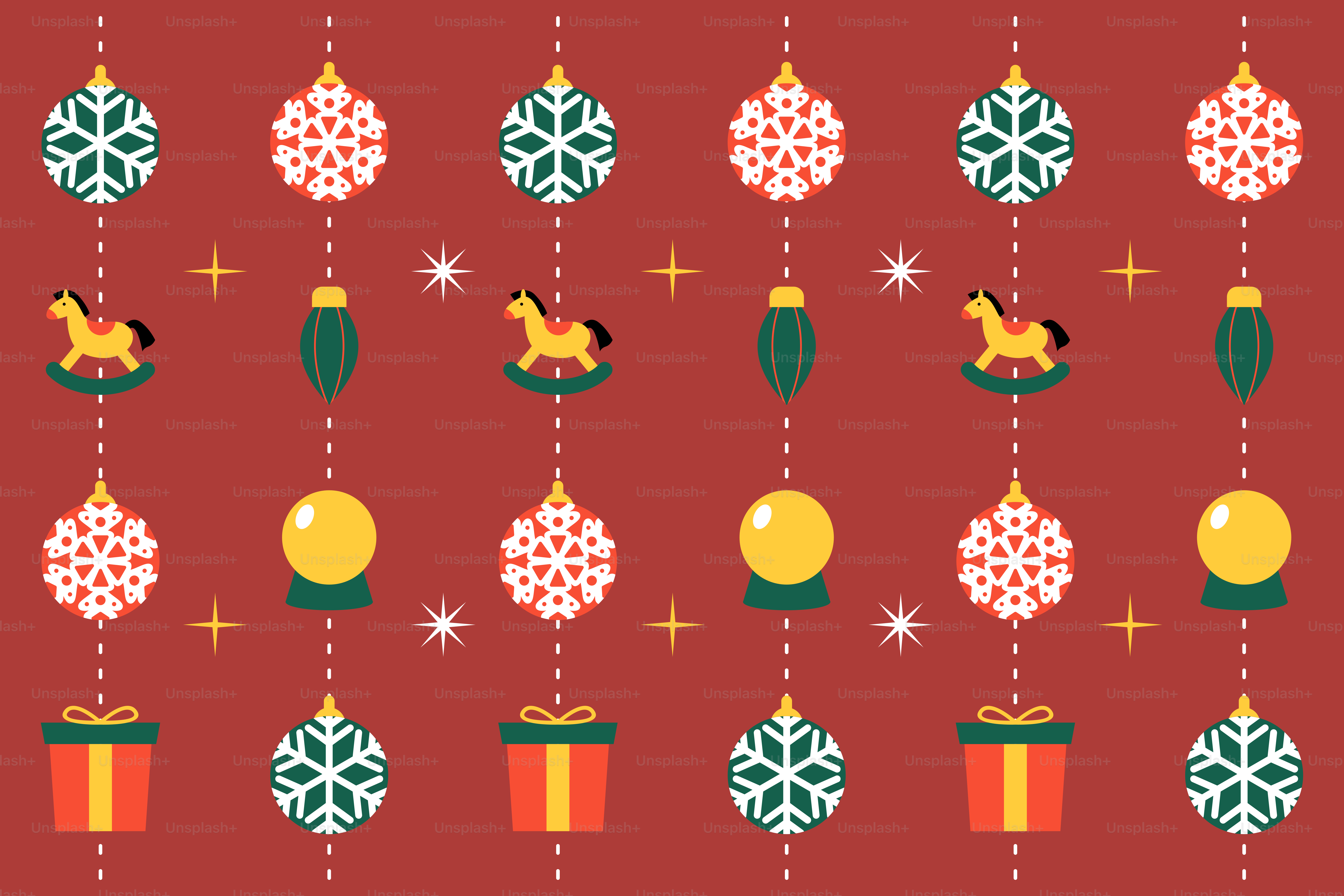 A red background with a pattern of christmas ornaments