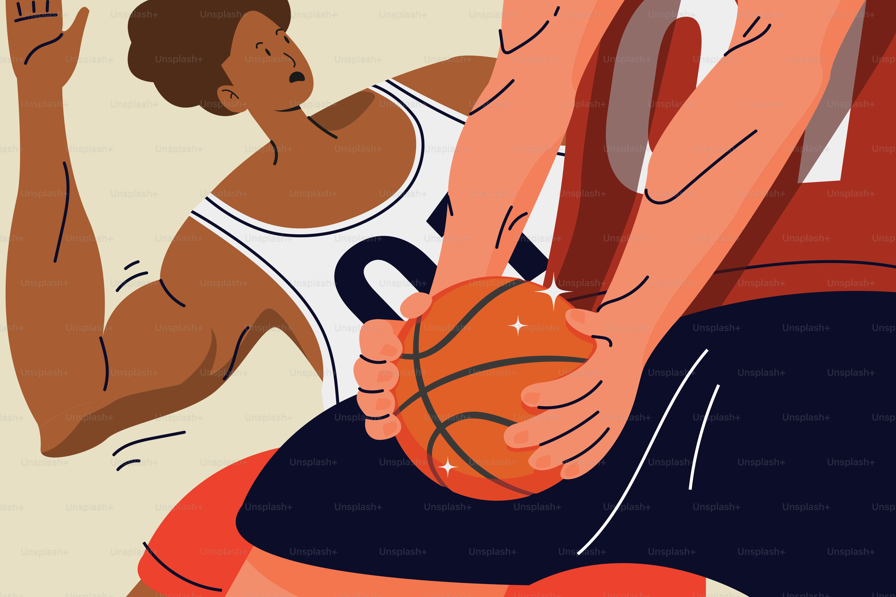 A man holding a basketball next to another man