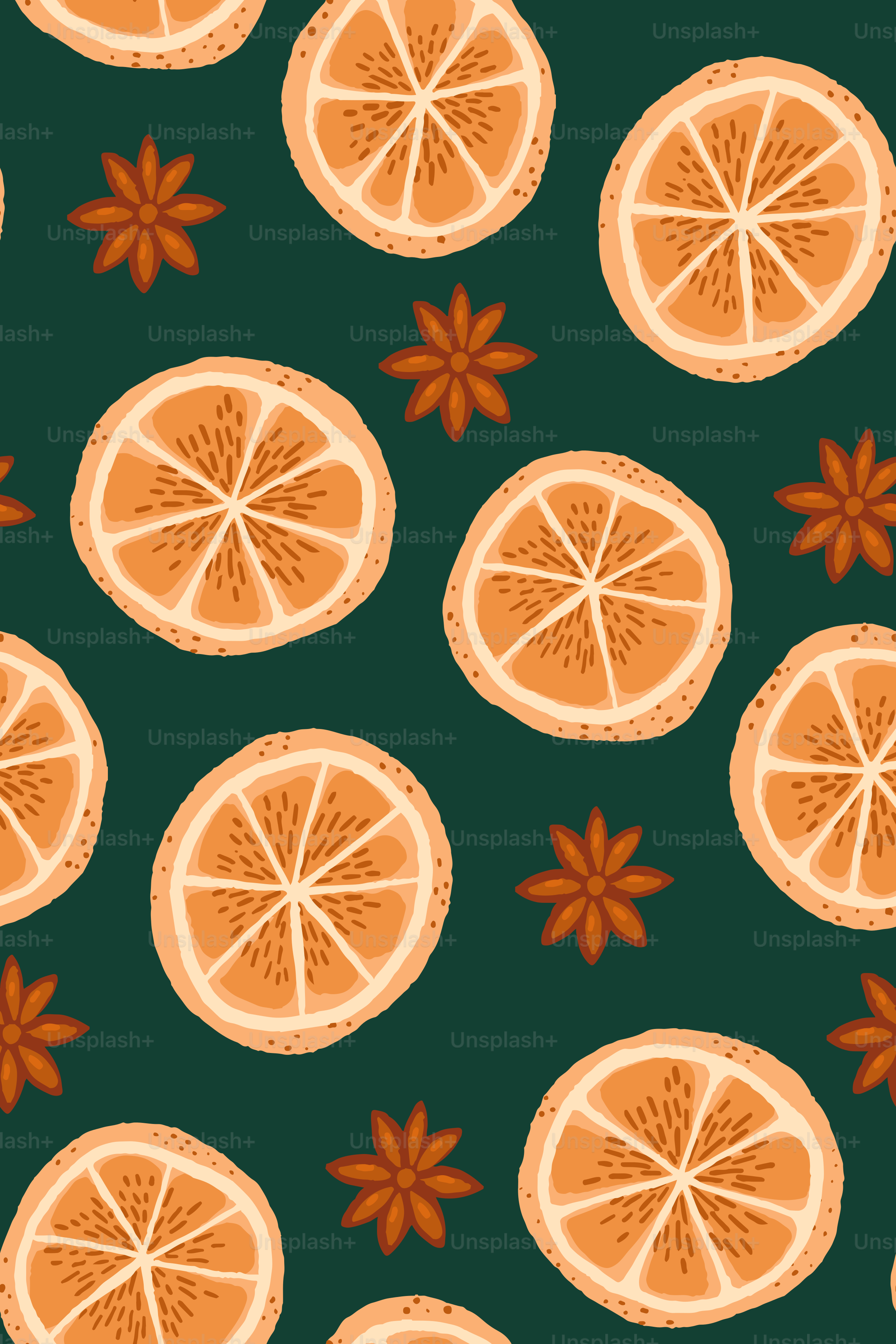 A green background with orange slices and star anisets