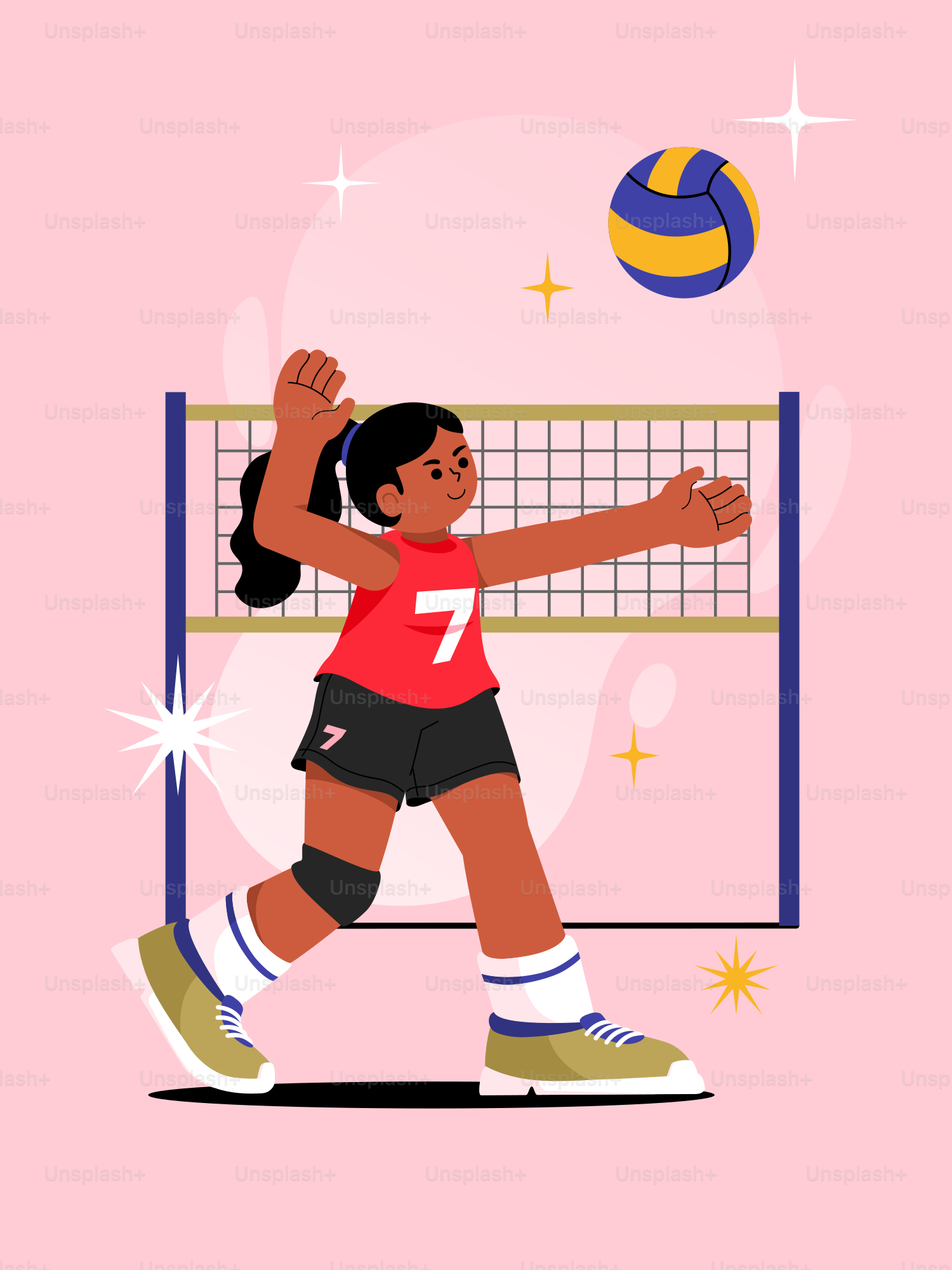 A girl is playing volleyball on a pink background