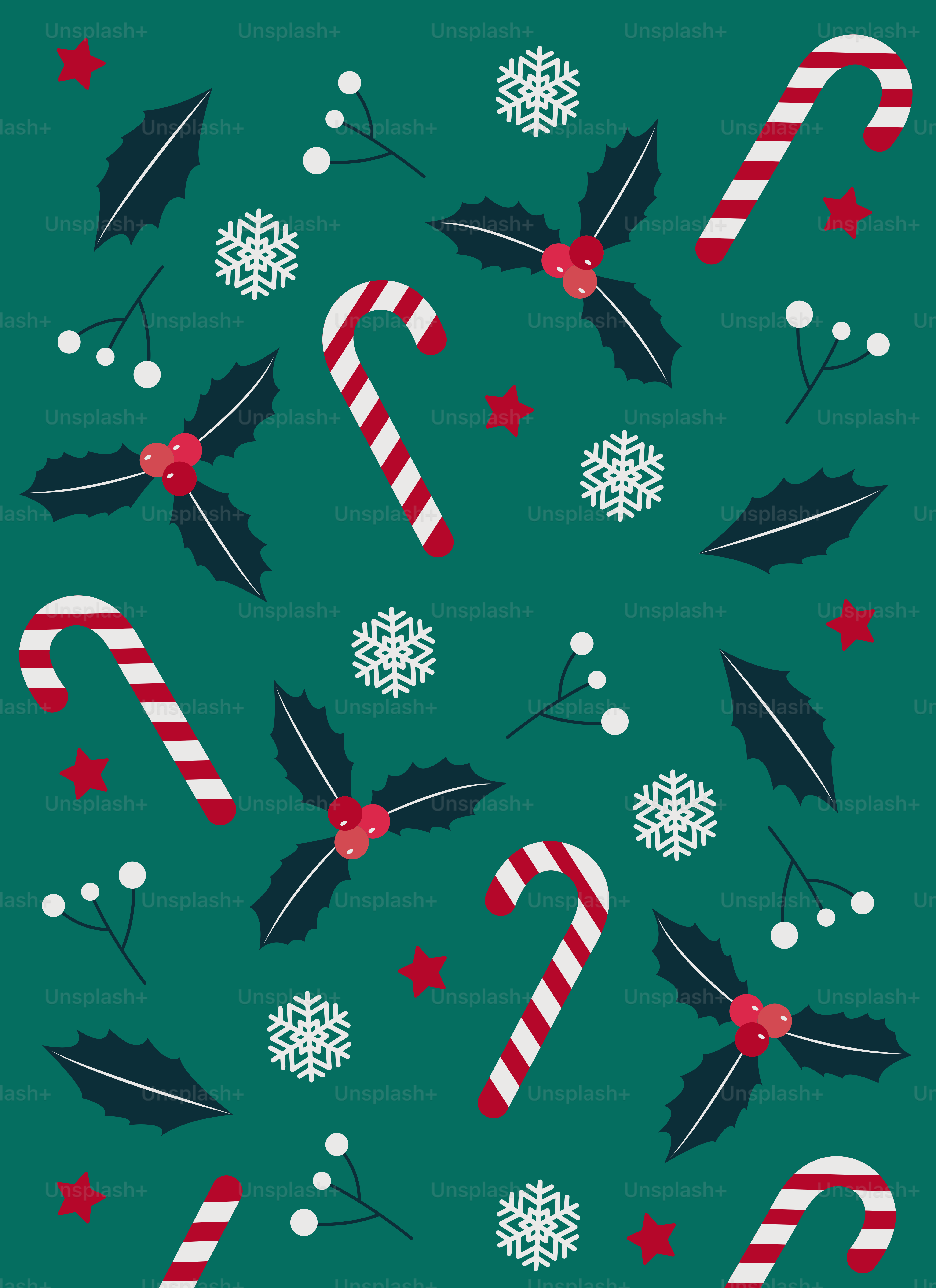 緑色の背景にキャンディケインとヒイラギが飾られています