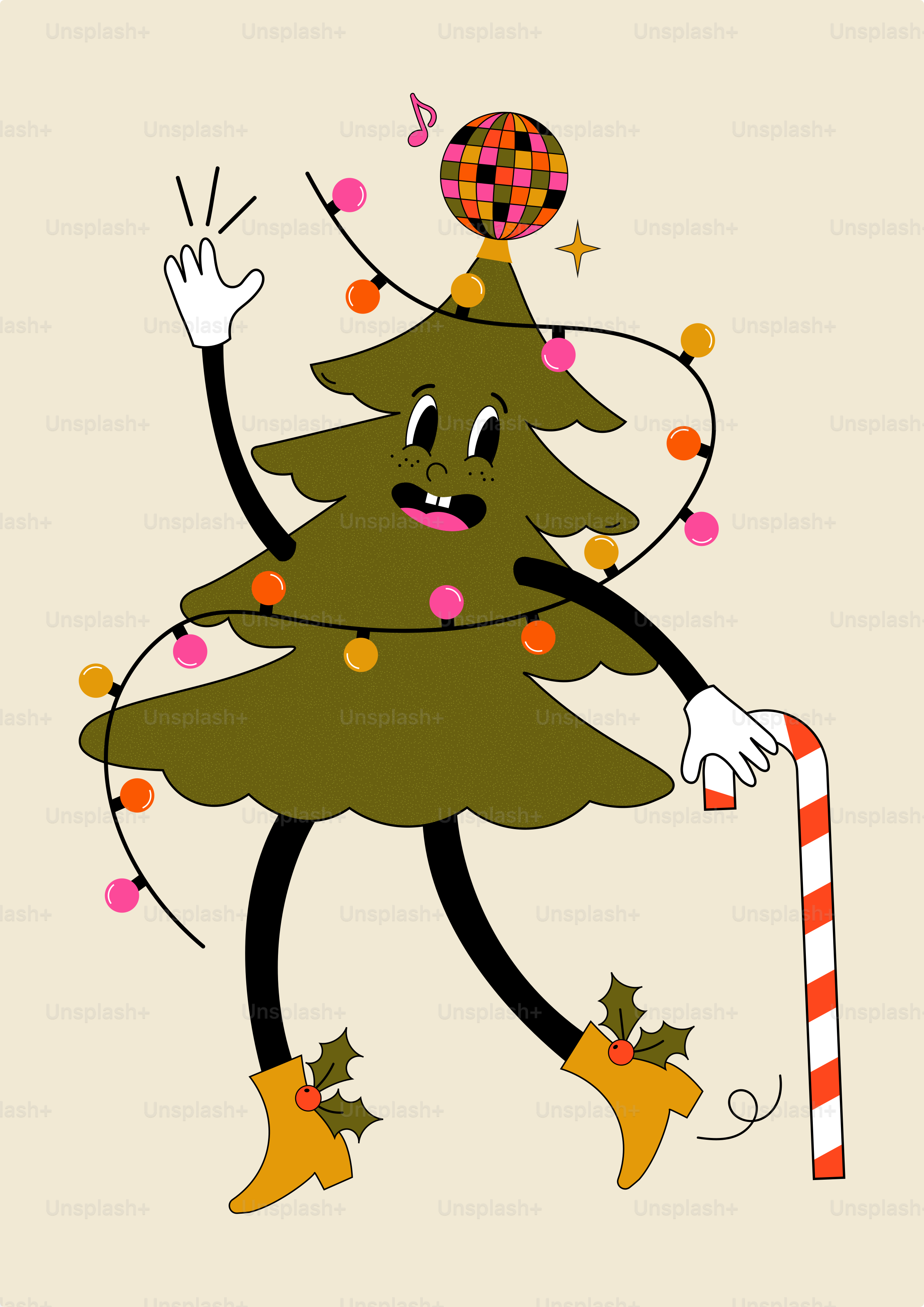 キャンディケインをついた漫画のクリスマスツリー