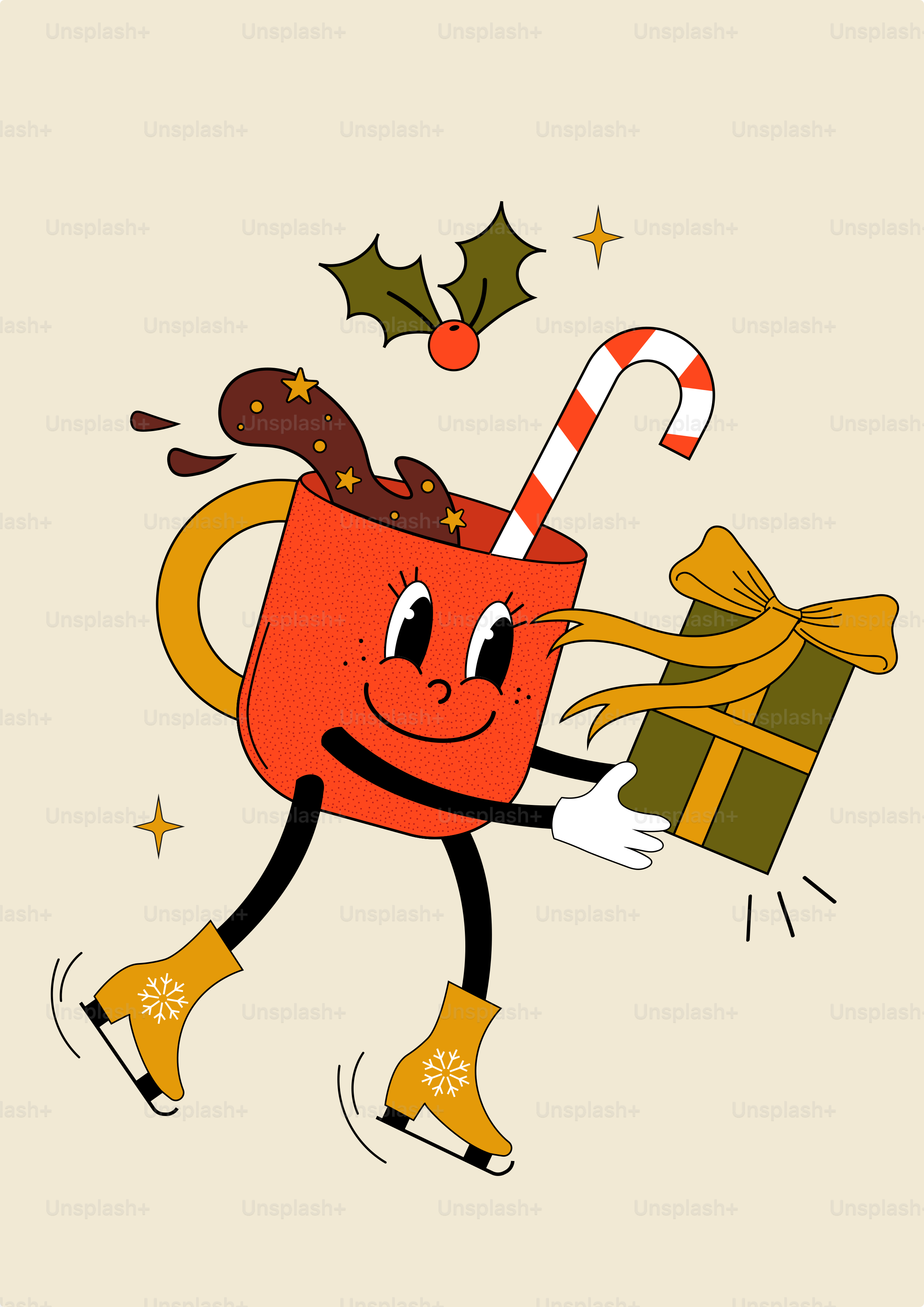 A christmas card with a mug and a candy cane