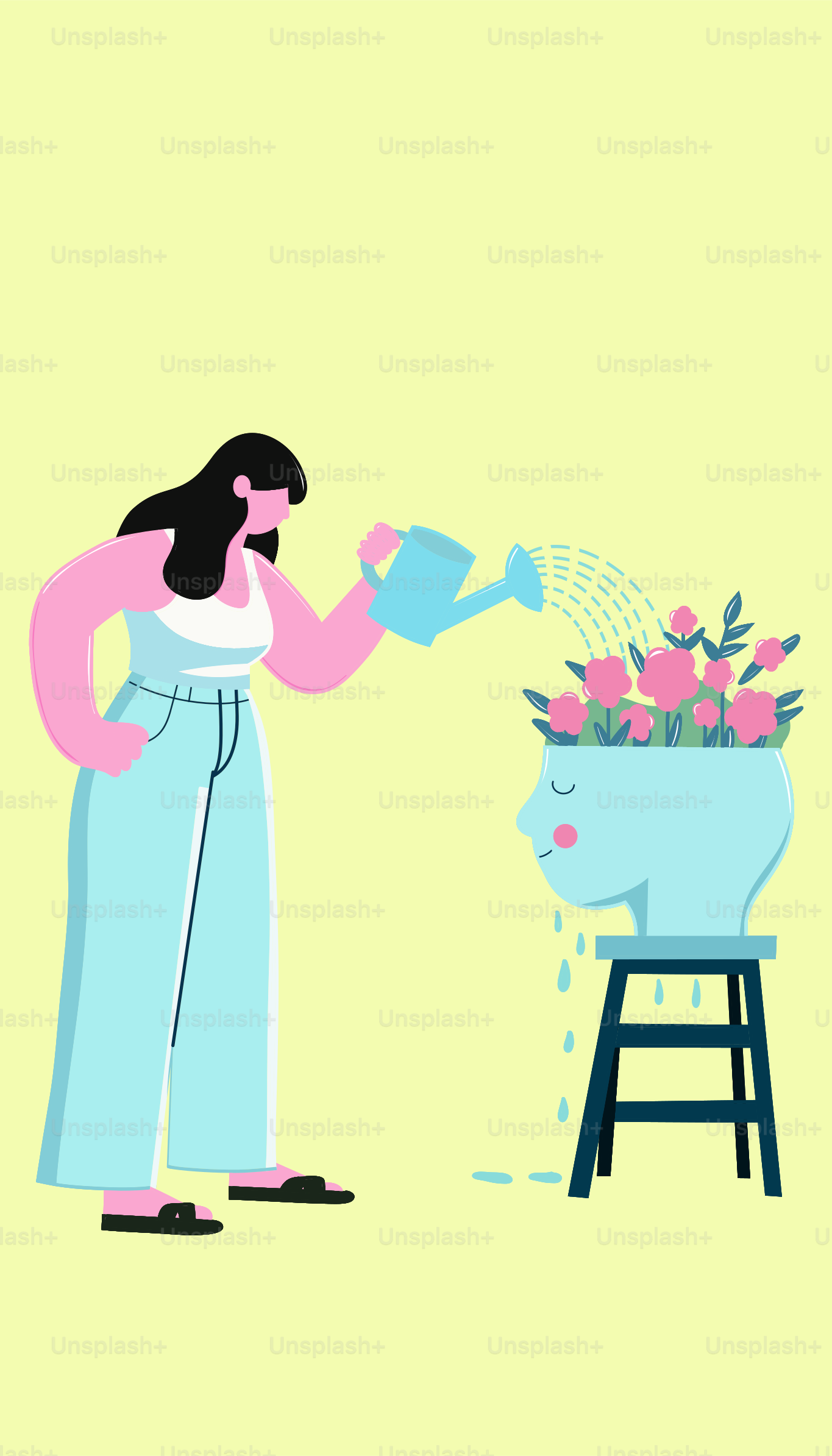 Eine Frau, die Blumen mit einer Gießkanne gießt