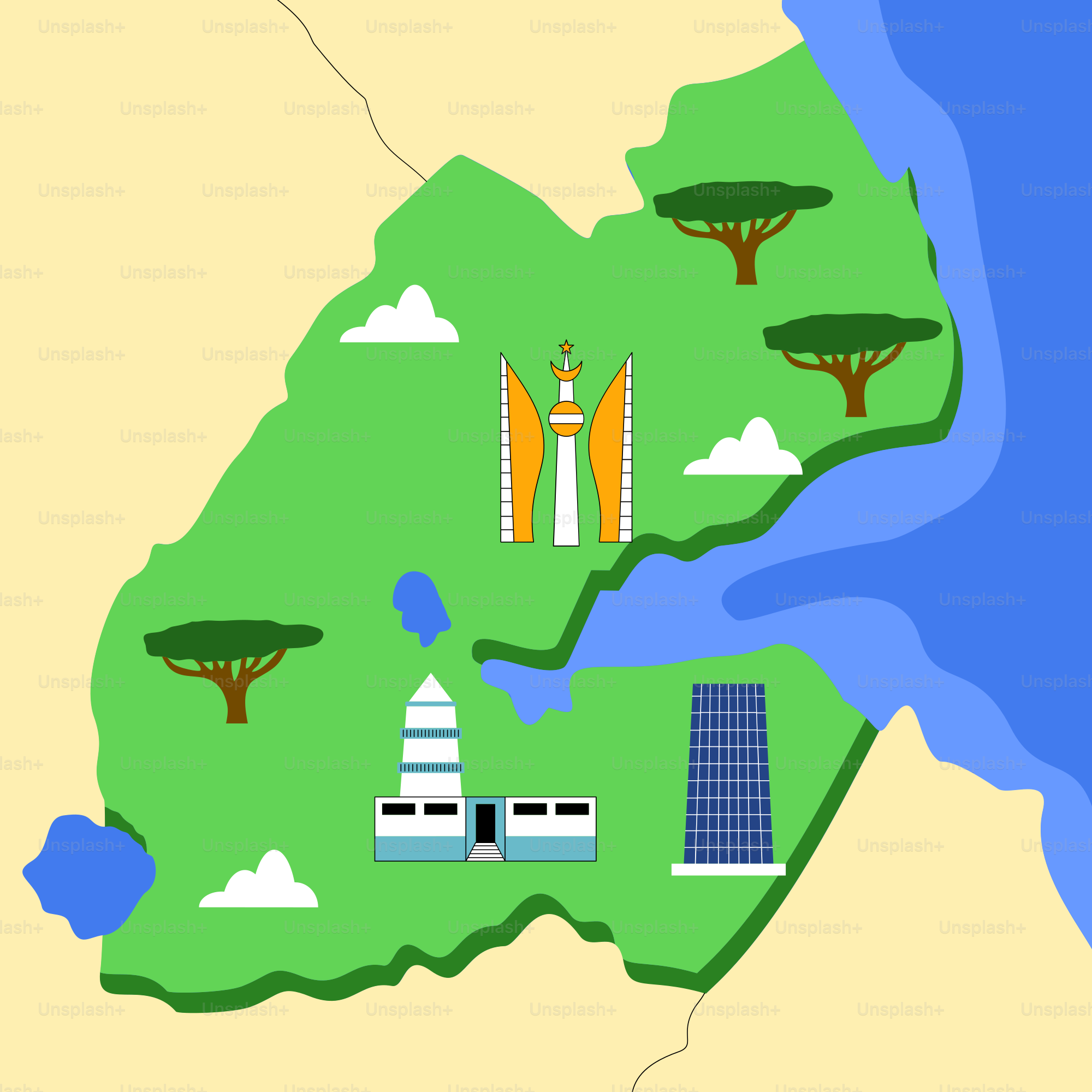A map of the united states with trees and buildings