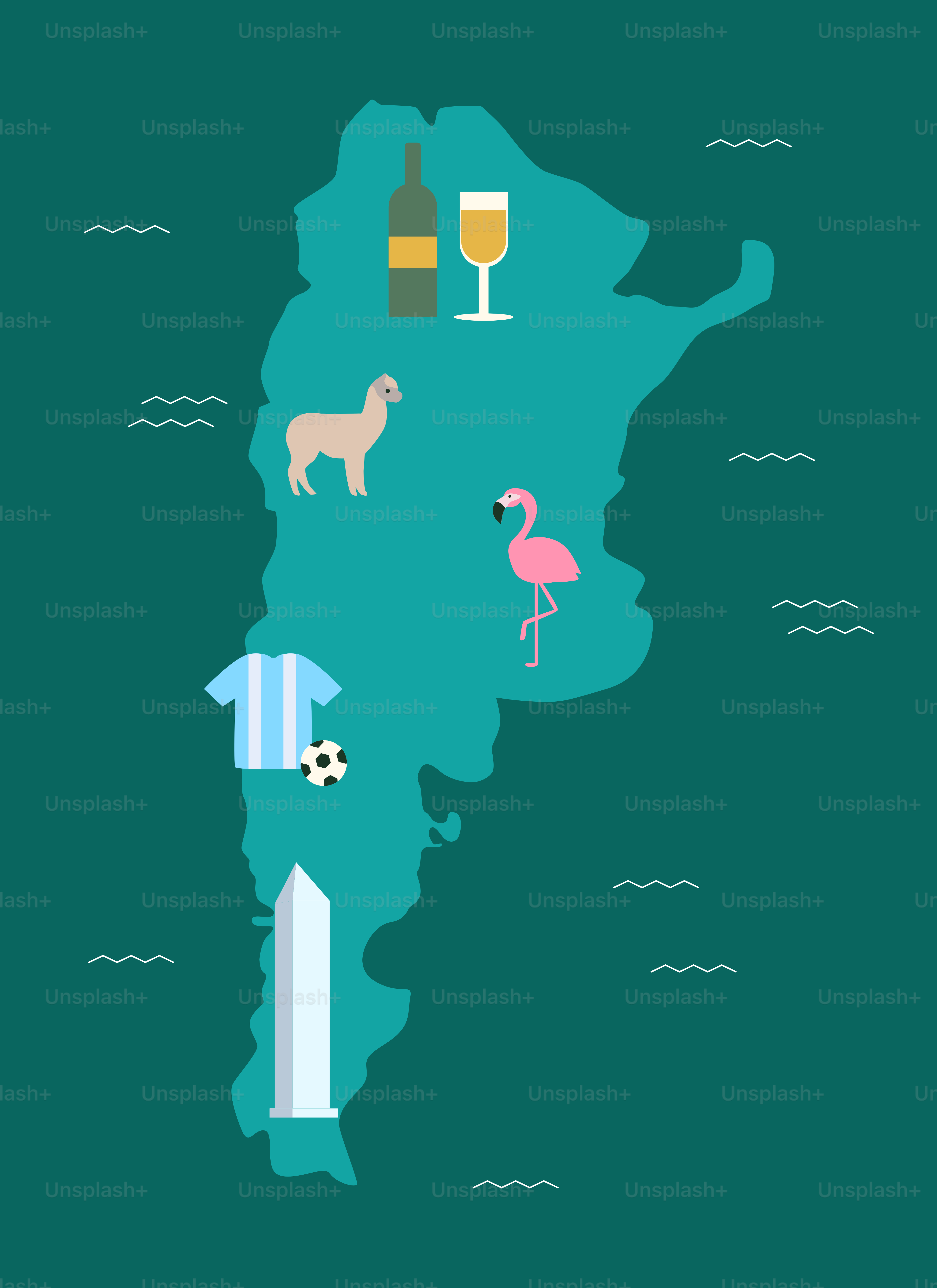 A map with a flamingo, a glass of wine, and a flamingo