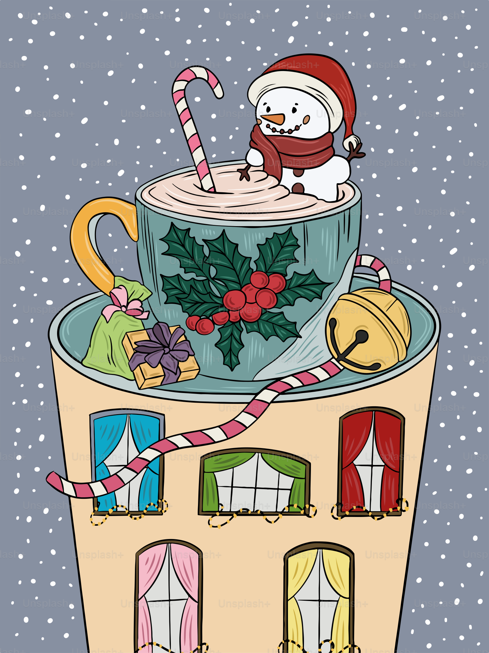 A cup of coffee with a snowman sitting on top of it