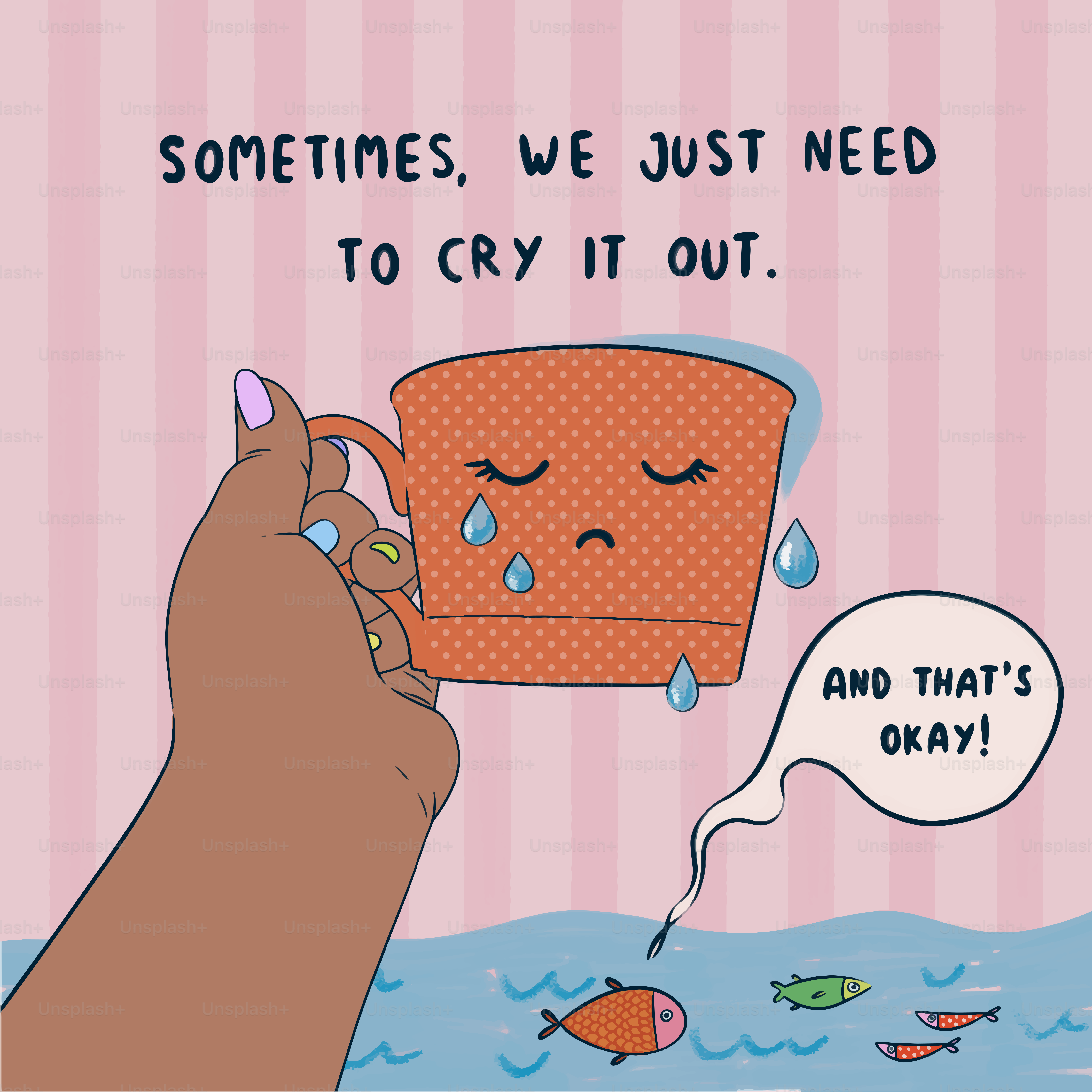 A hand holding a cup with a sad face on it