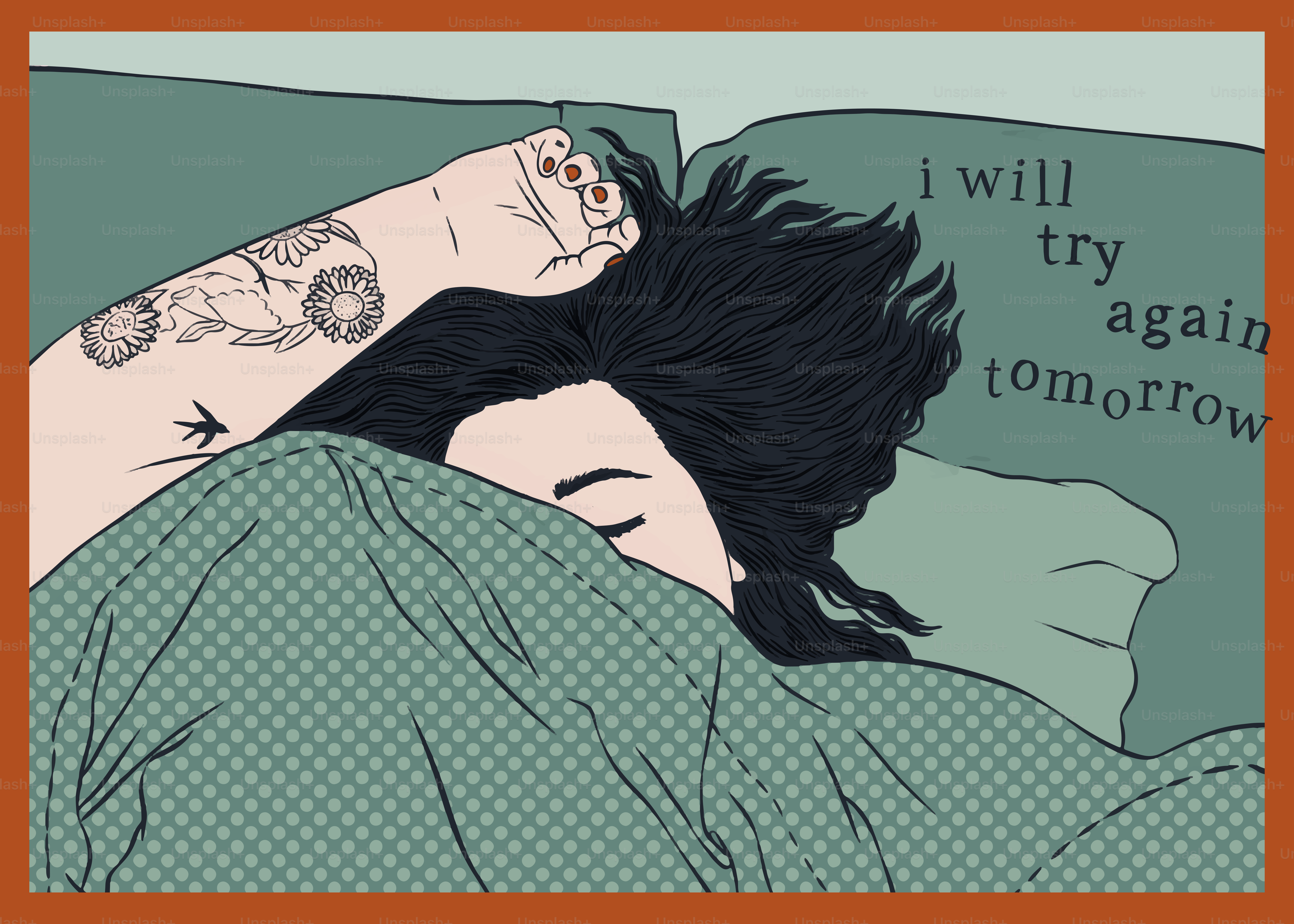A drawing of a person laying in bed with a tattoo on their arm