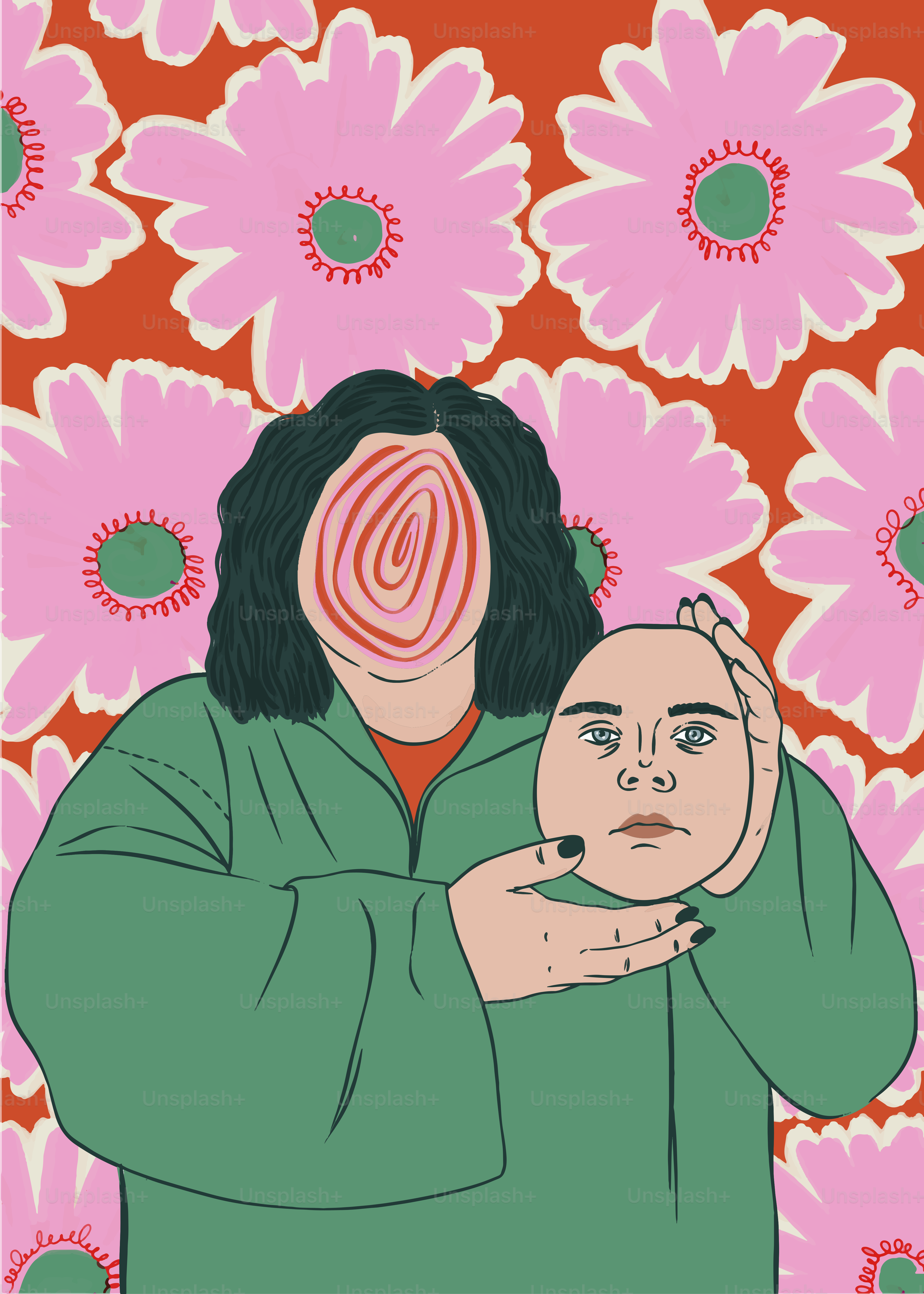 Une femme tenant un bébé devant des fleurs