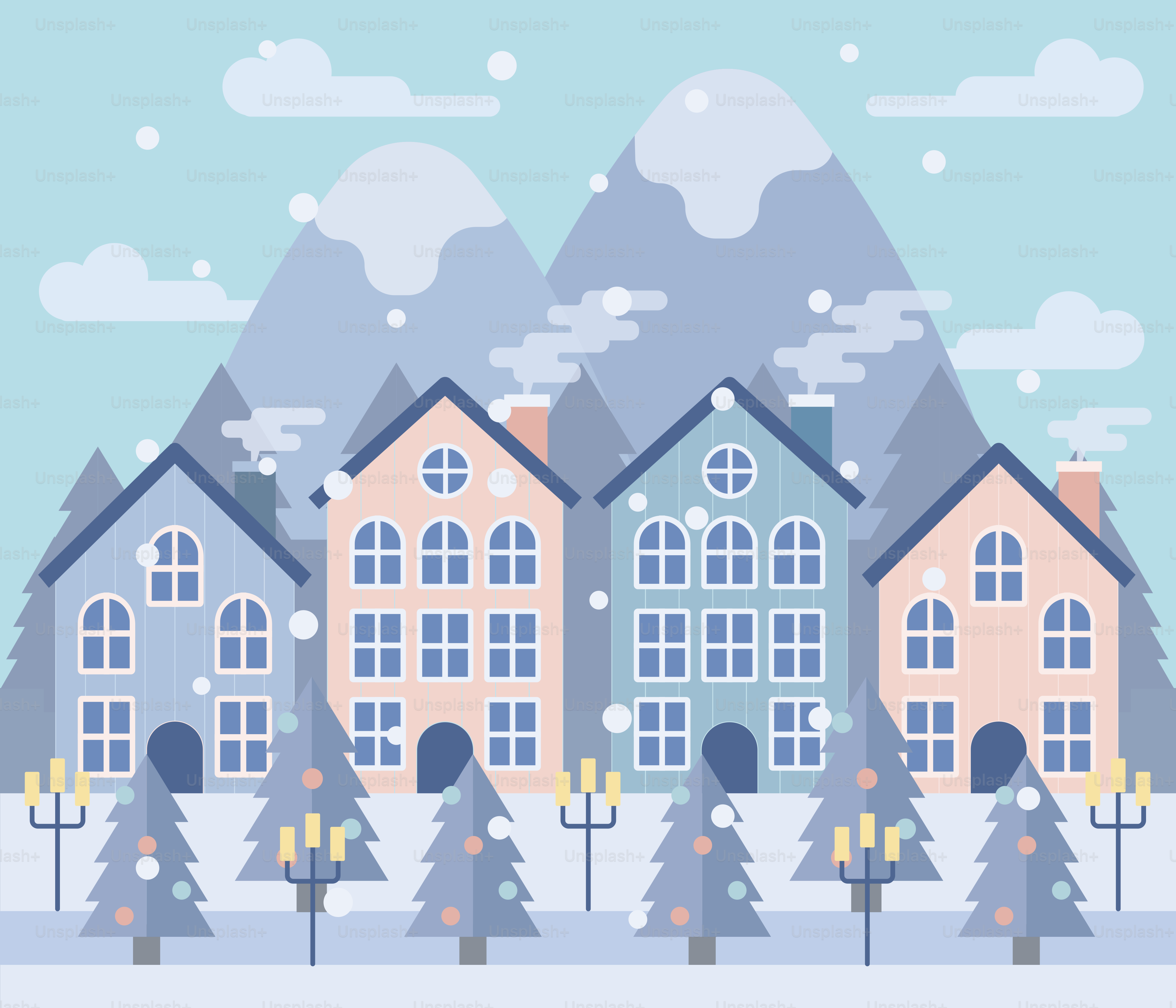 A row of houses with trees in front of them