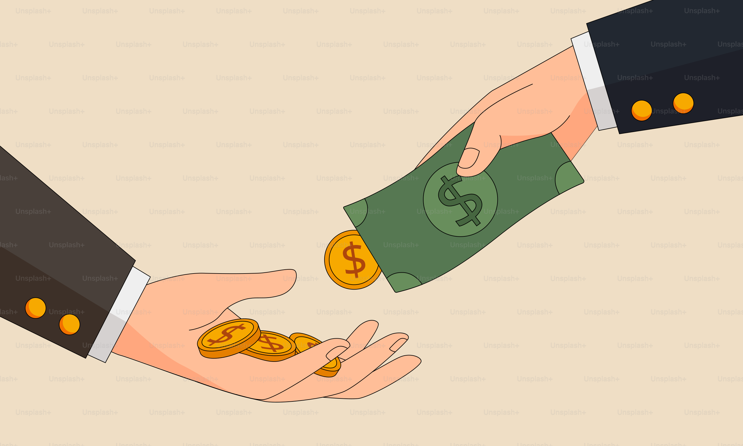 Dos personas dándose la mano por un montón de dinero