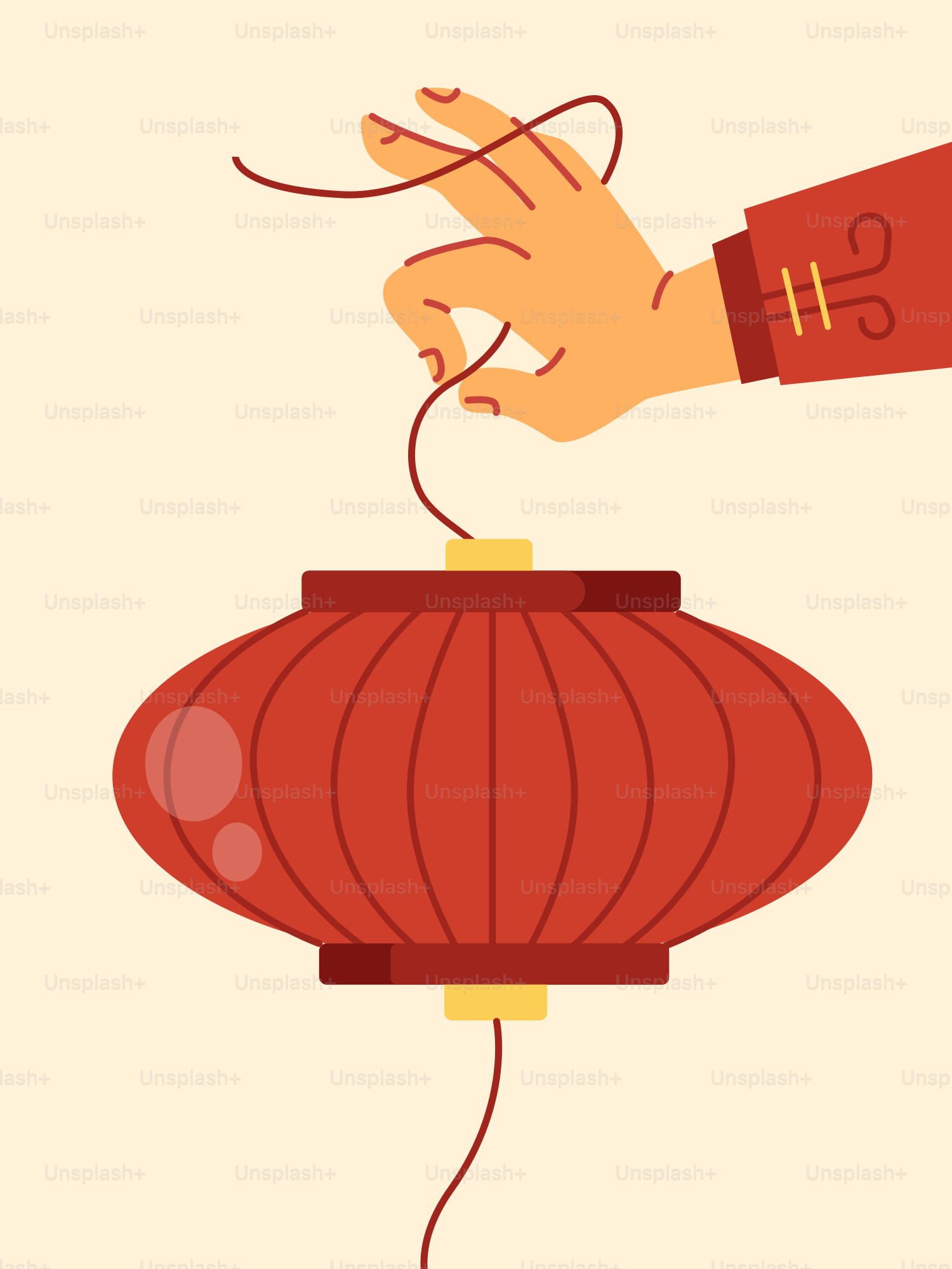 A hand holding a string attached to a red lantern