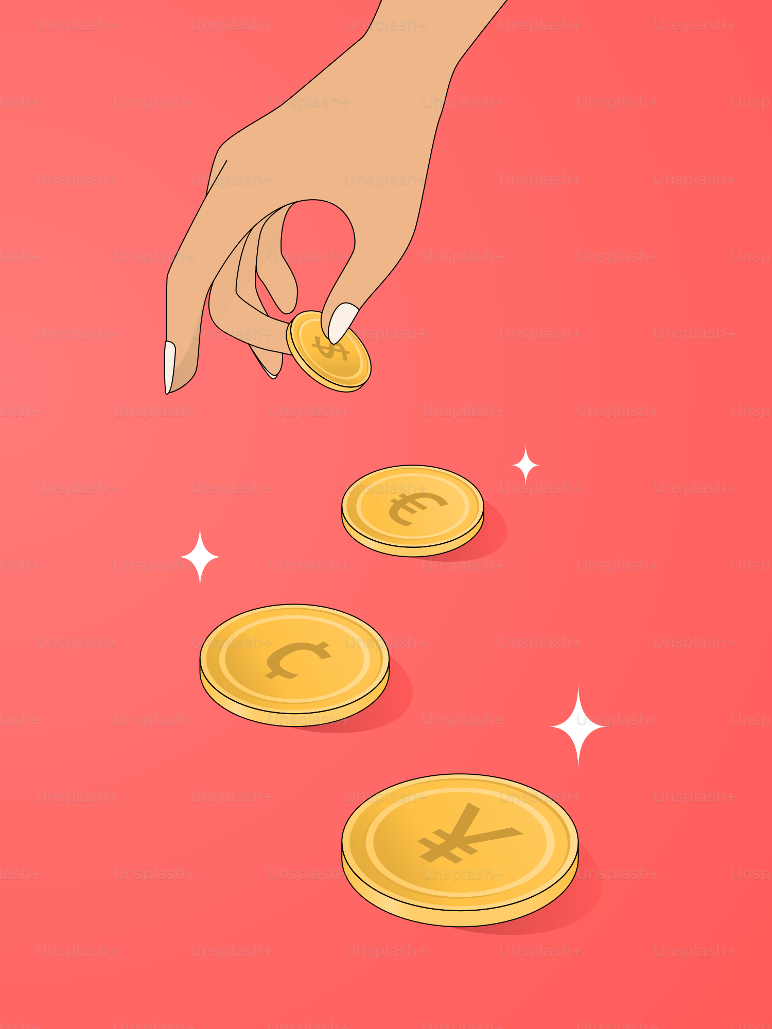Uma mão jogando uma moeda em uma pilha de moedas de ouro