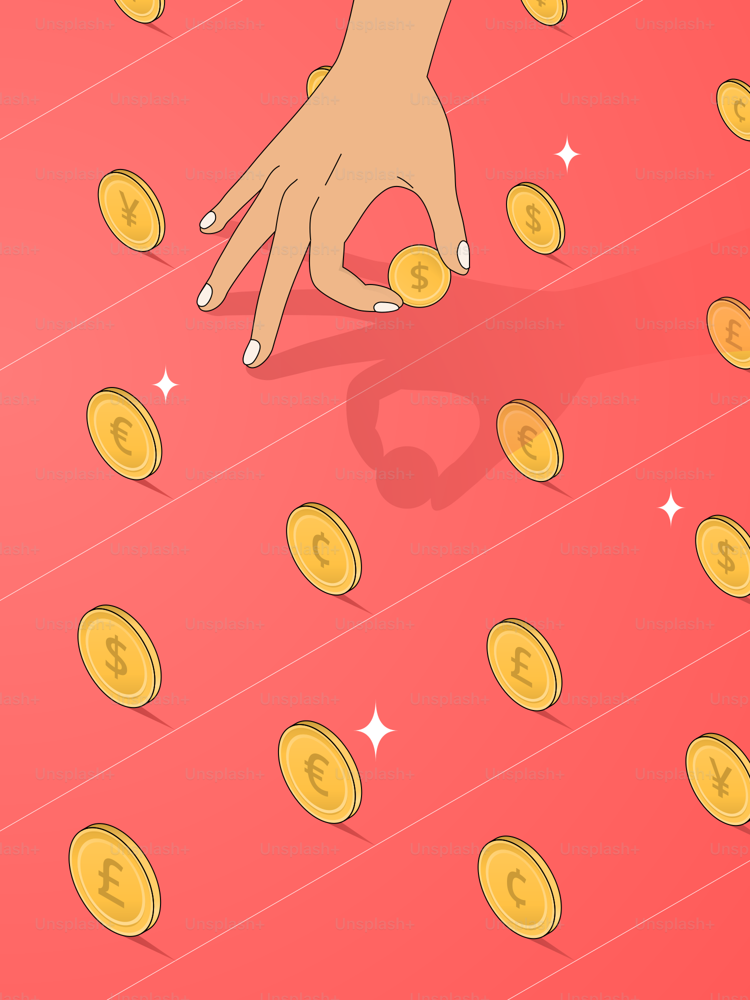 A hand reaching for a pile of gold coins