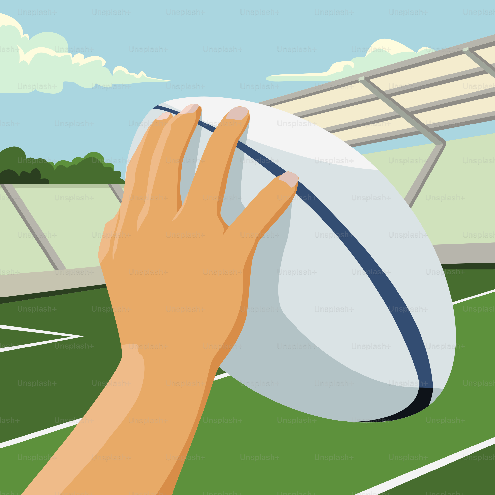 A hand holding a rugby ball on a field