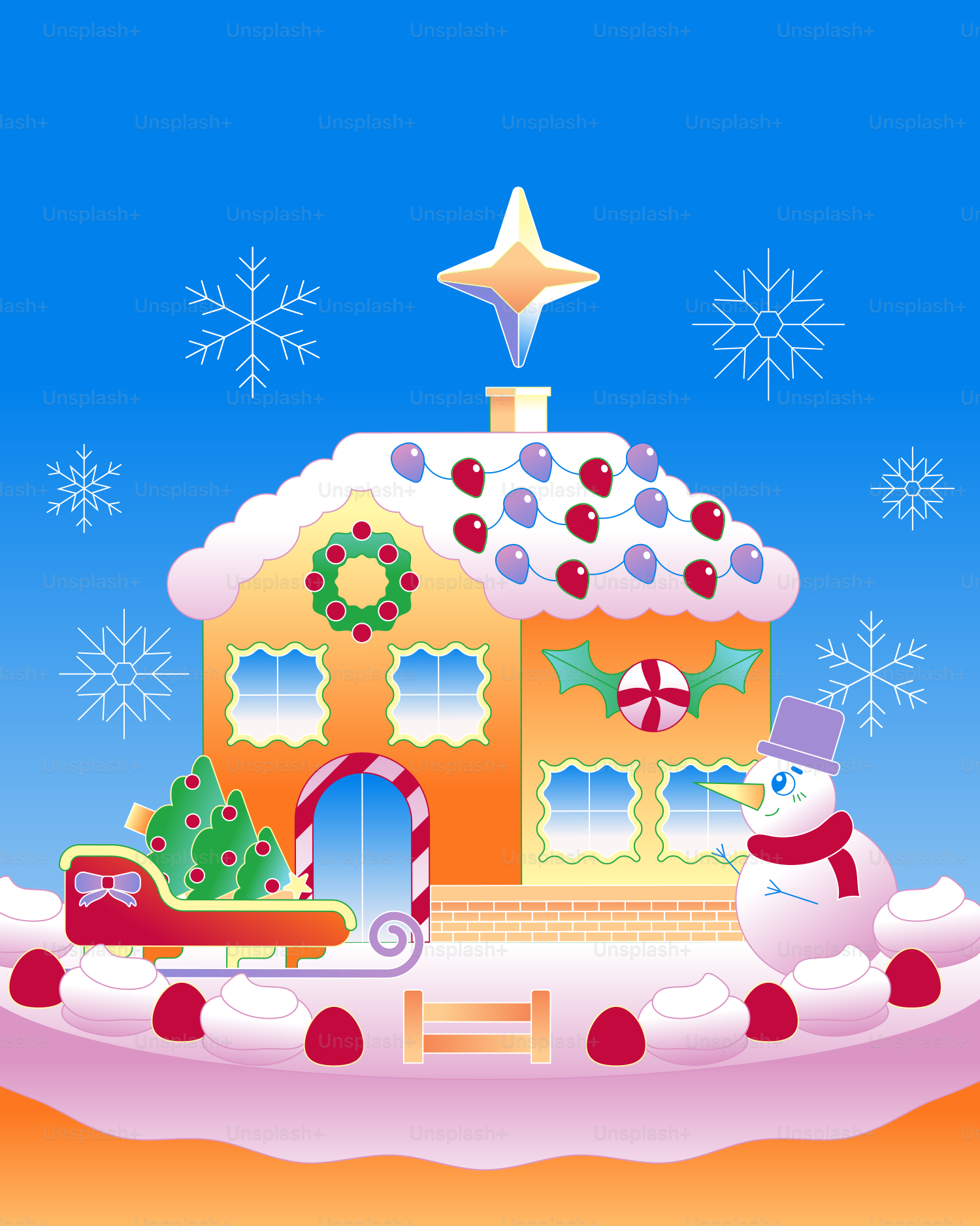 A gingerbread house with a snowman and a sleigh