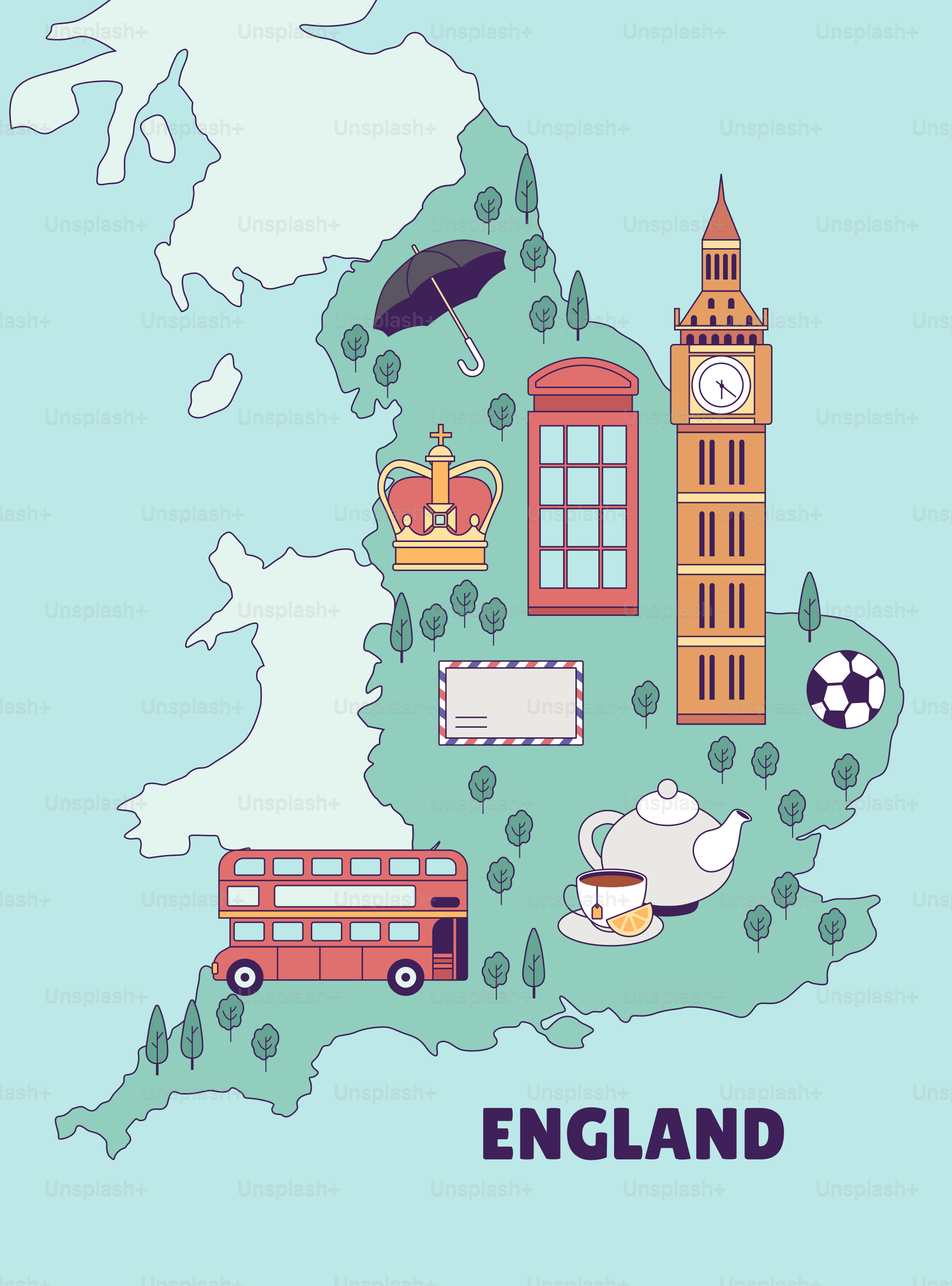 A map of england with a lot of things on it