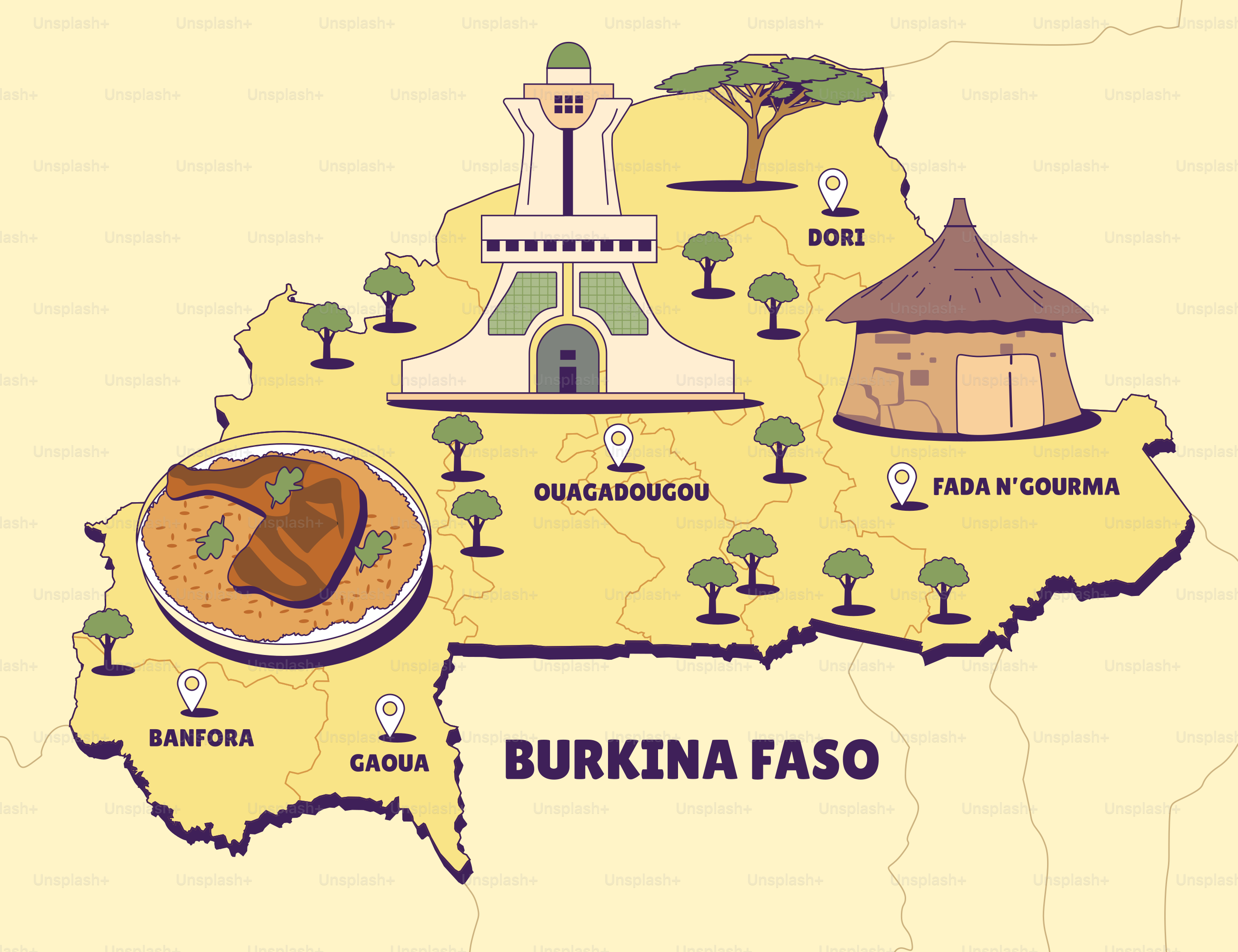 Un mapa del país con mucha comida