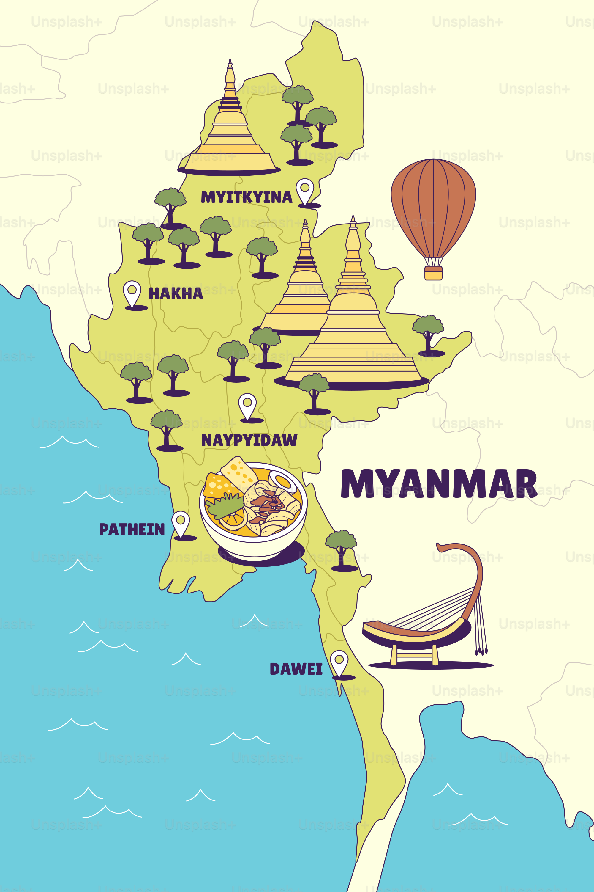 A map of myanmar with all the major cities
