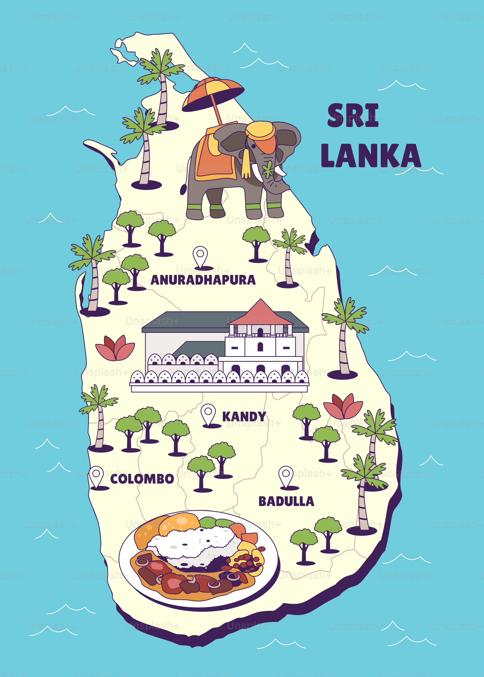 A map of sri lanka with the names of the towns
