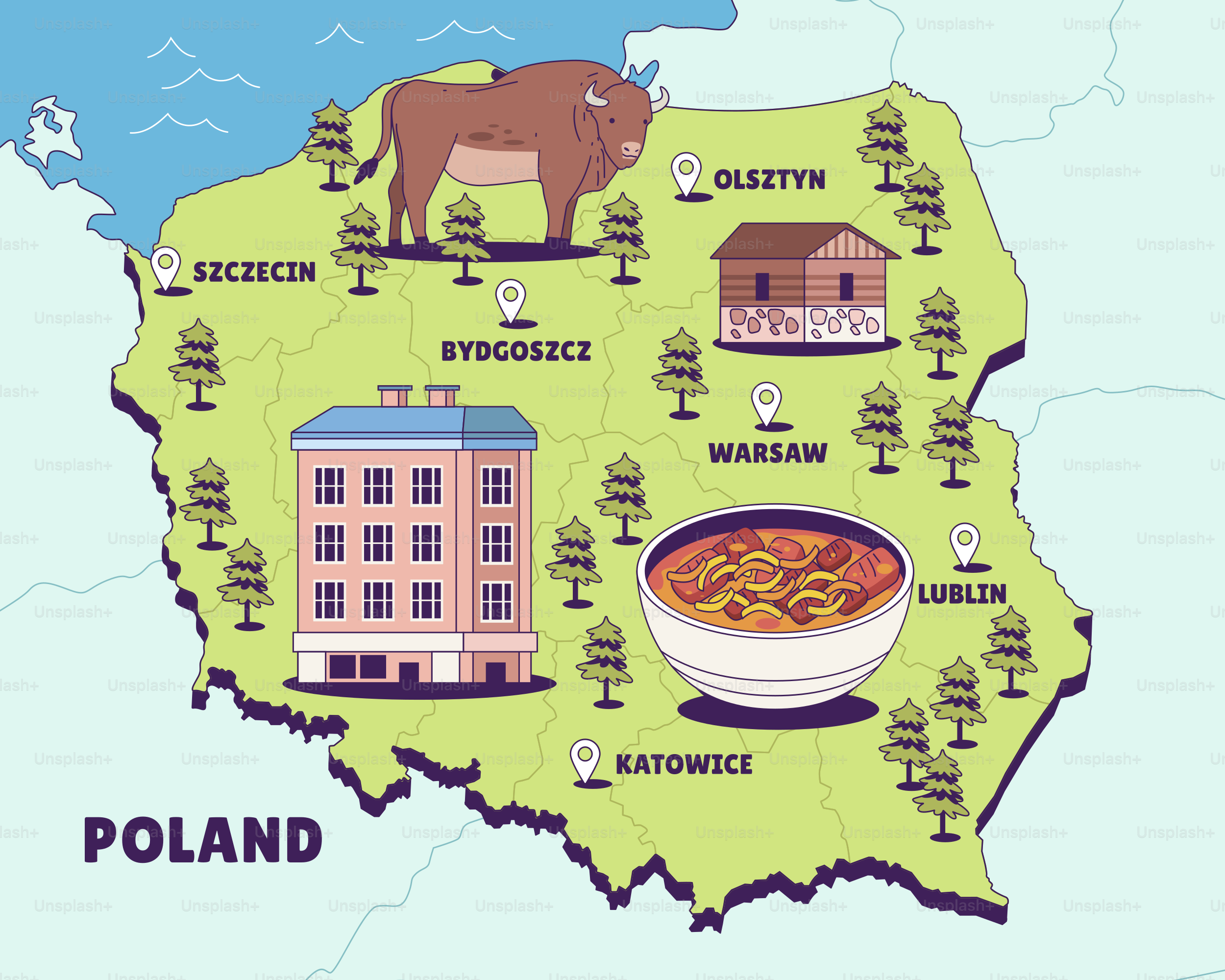 A map of poland with a bunch of things on it