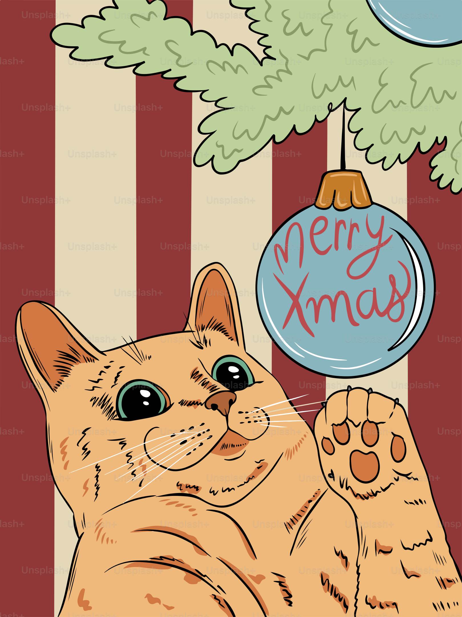 Ein Bild einer Katze unter einem Weihnachtsbaum